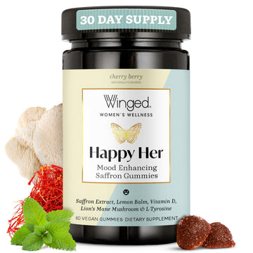 Winged Wellness Happy Her Mood Gummies - Daily Mood Enhancer Support Supplement for Women - Vitamin D with Saffron, Lemon Balm, & Lions Mane Mushrooms for Balance & Calming Relief - 50 Vegan Gummies Winged buy supplements canada