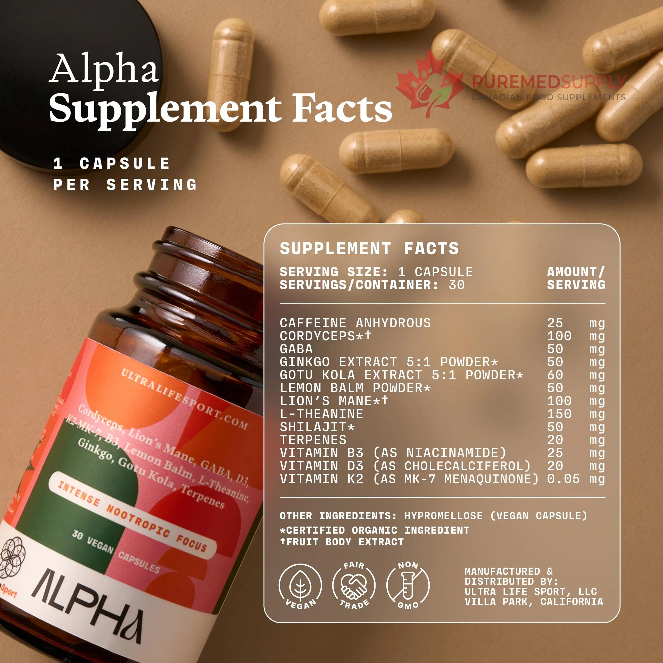 Ultra Life Sport - Alpha Nootropic - 30 Capsule Body and Brain Supplements for Memory and Focus - L-Theanine, B Vitamins, Lion's Mane, Cordyceps Mushrooms, Vitamin D3, K2 MK-7, Lemon Balm and Ginkgo Ultra Life Sport buy supplements canada