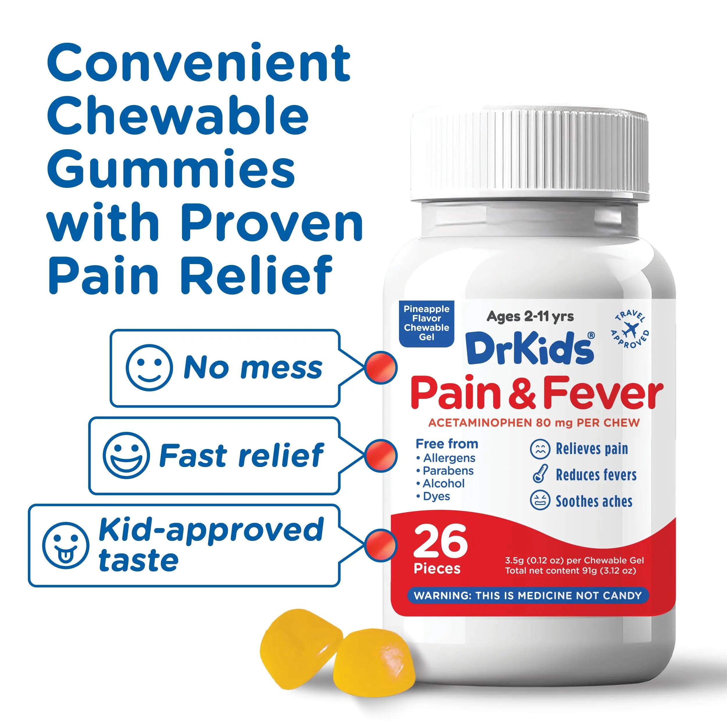 Dr. Kids Children’s Pain and Fever Chewable Gels – Pain Relief and Fever Reducer for Kids Ages 2–11, 80 mg Chewable Acetaminophen for Headache, Sore Throat, Cold & Flu, Pineapple Flavor, 26 Count Dr. Kids buy supplements canada