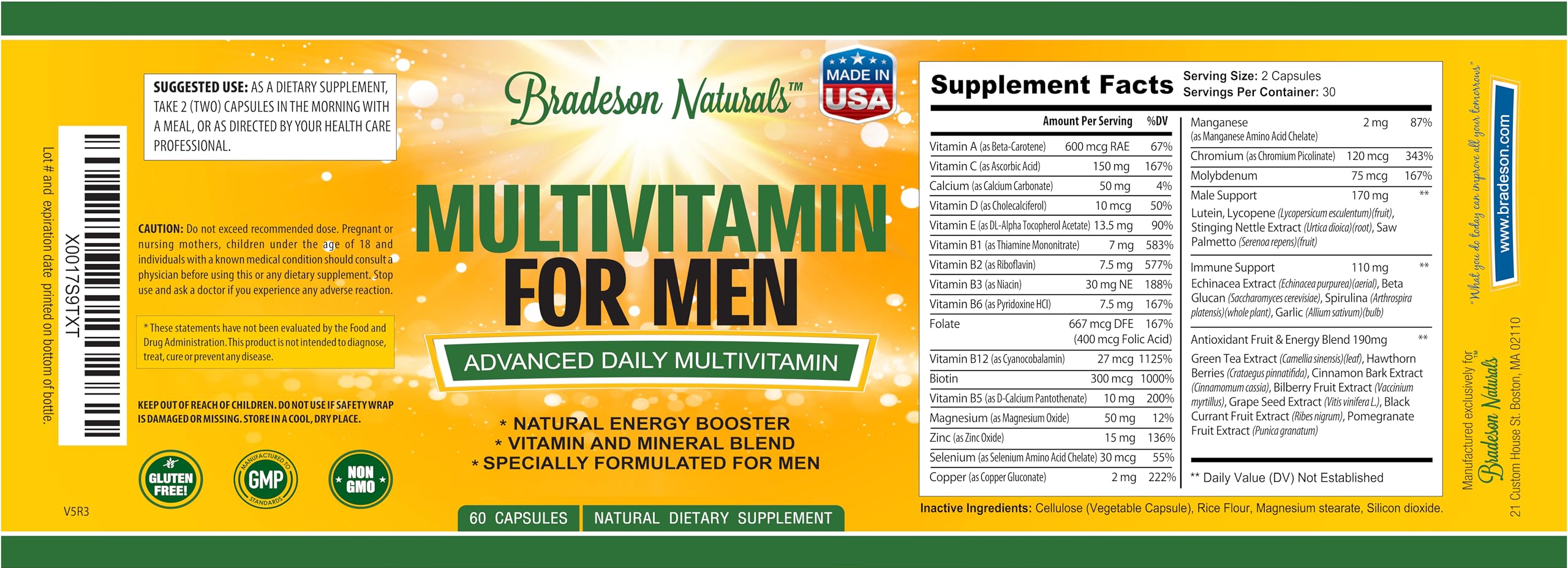 Bradeson Naturals Men's Multivitamin Supplement for Energy, Focus and Performance. Mens Vitamins A, C, D, E & B12, Zinc, Calcium, Magnesium & More. Multi Vitamin 60 Capsules Made in The USA Bradeson Naturals buy supplements canada
