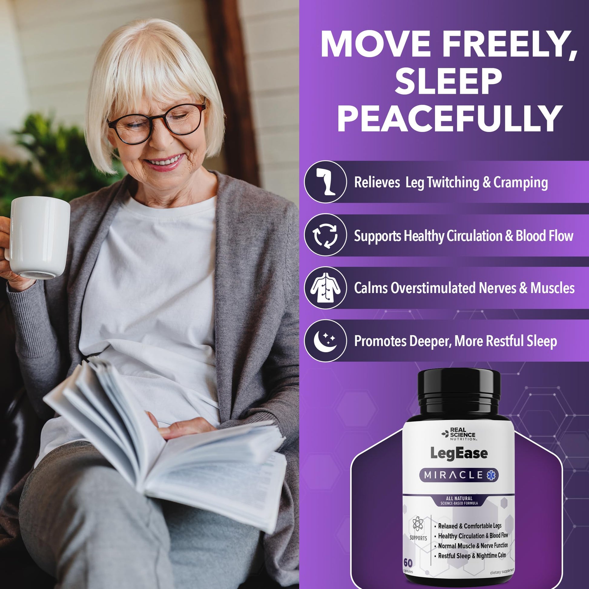 Real Science LegEase Miracle – All Natural Restless Legs Syndrome Relief & Leg Cramp Supplement with Vitamins C, D, K, B6, B12 + Nitric Oxide Support – Sleep & Circulation Aid – Made in USA, 60 Caps Real Science Nutrition buy supplements canada
