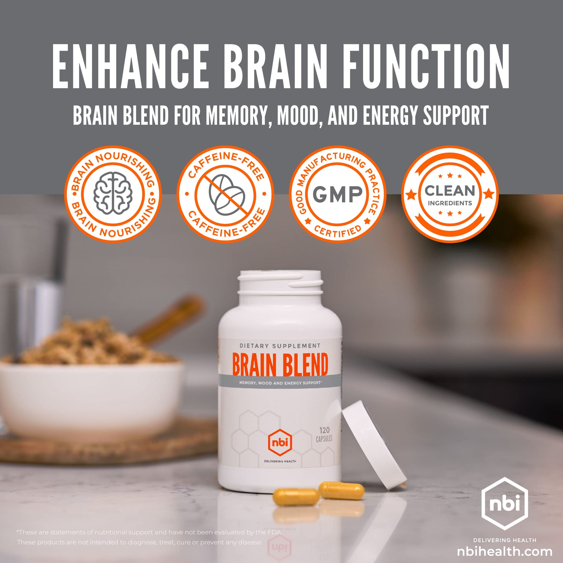NBI Brain Blend for Memory, Focus, Concentration, Cognitive Function for Men & Women | Caffeine-Free with ALCAR, Alpha Lipoic Acid, Huperzine A, Turmeric | Nootropic | 120ct Capsules NBI buy supplements canada