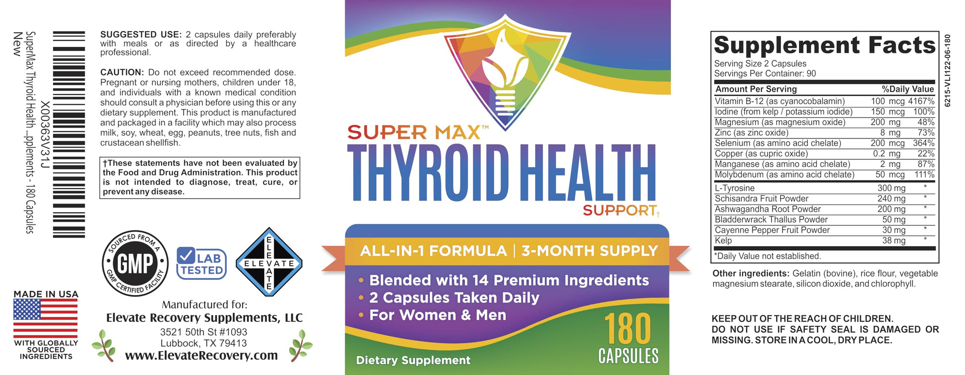 Thyroid Support (3-Month) Supplement All-in-1 with 14 Active Ingredients in 1 Formula | Thyroid Health Support Supplements | Women & Men | 90-Day Bulk Supply | 180 Capsules Elevate Recovery Supplements buy supplements canada