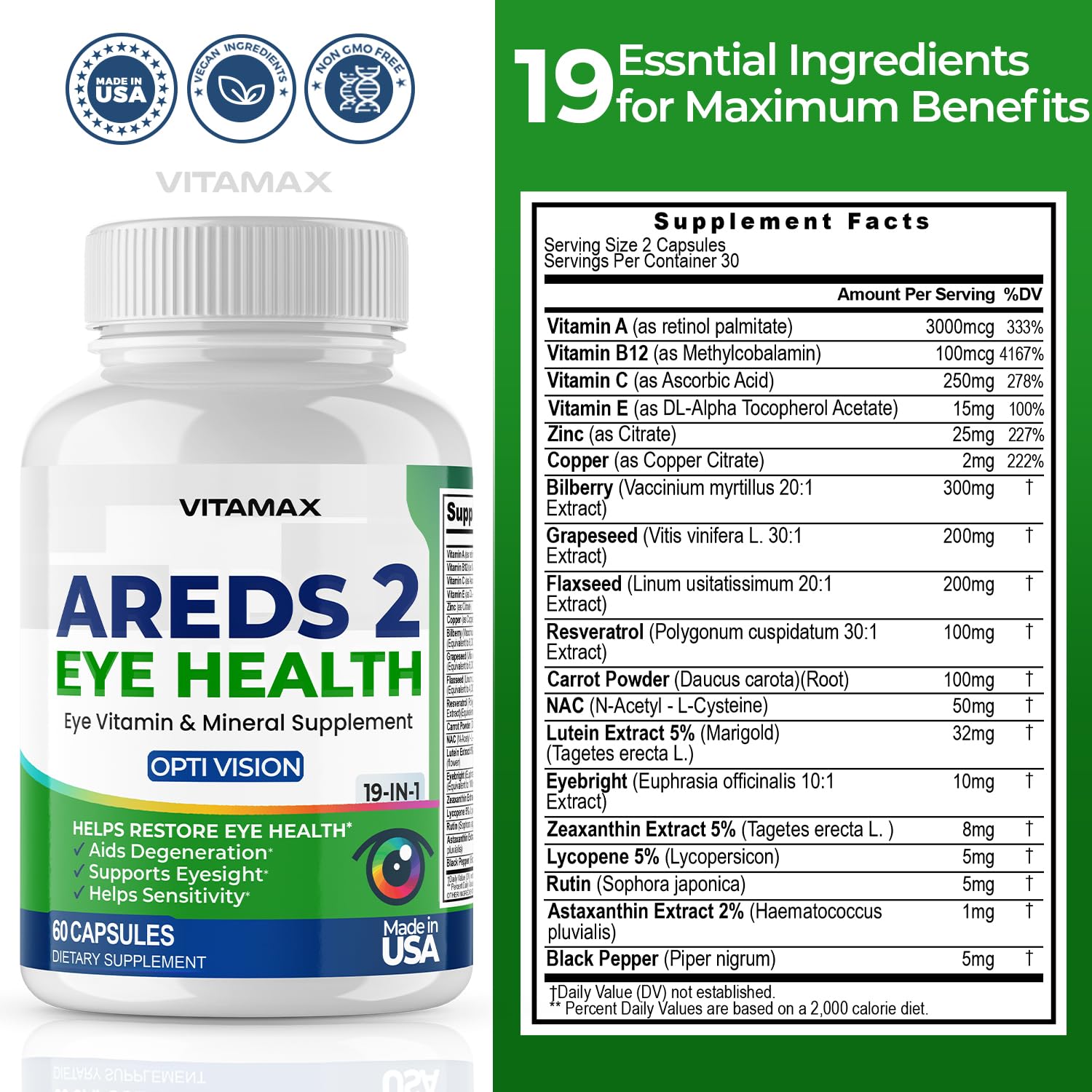 AREDS 2 Eye Vitamins - Lutein, Zeaxanthin, Bilberry, Astaxanthin Mineral Vision Supplement - Supports Eye Strain, Dry Eyes, Pressure, and Vision Health - Made in USA - 120ct Vitamax buy supplements canada