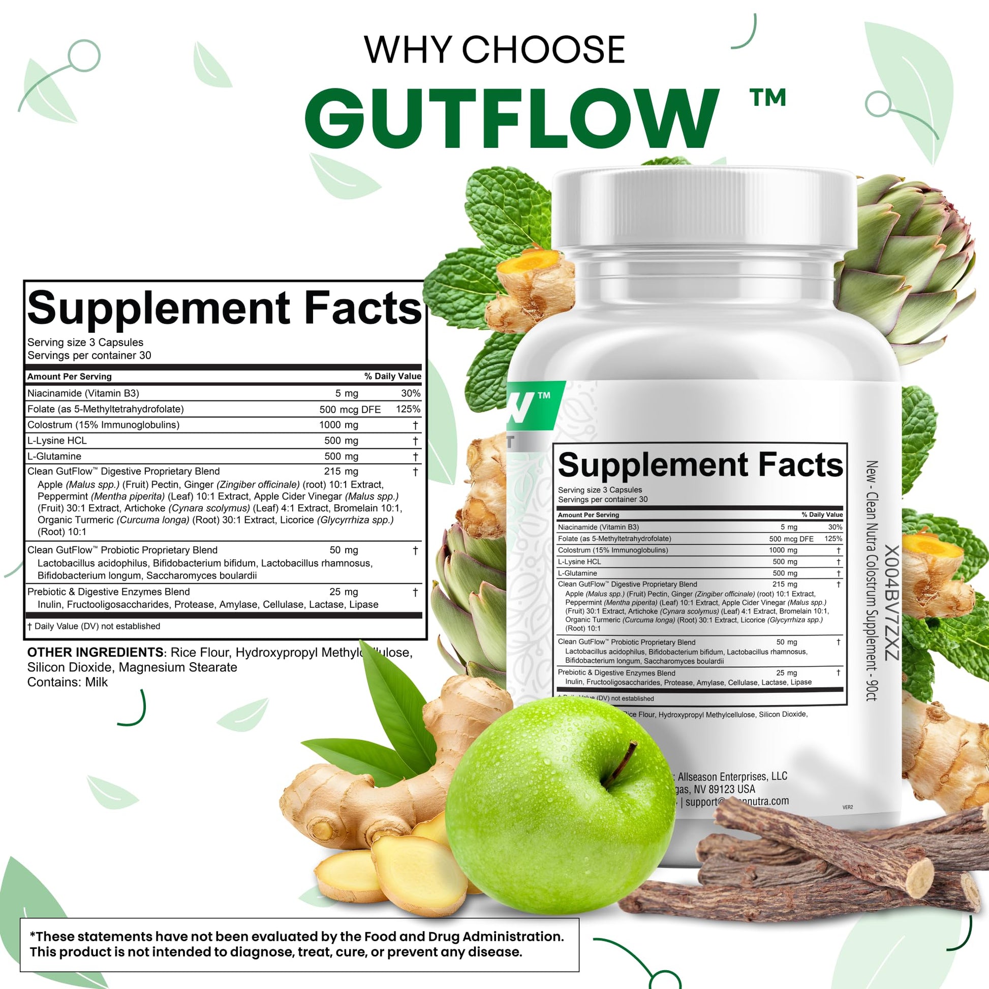 Clean Nutraceuticals Colostrum Supplement Capsules Probiotics Pills Prebiotics, L-Glutamine, Digestive Enzymes, Folate, Fiber, ACV, Turmeric, Apple Pectin and Turmeric Pills Clean Nutraceuticals buy supplements canada