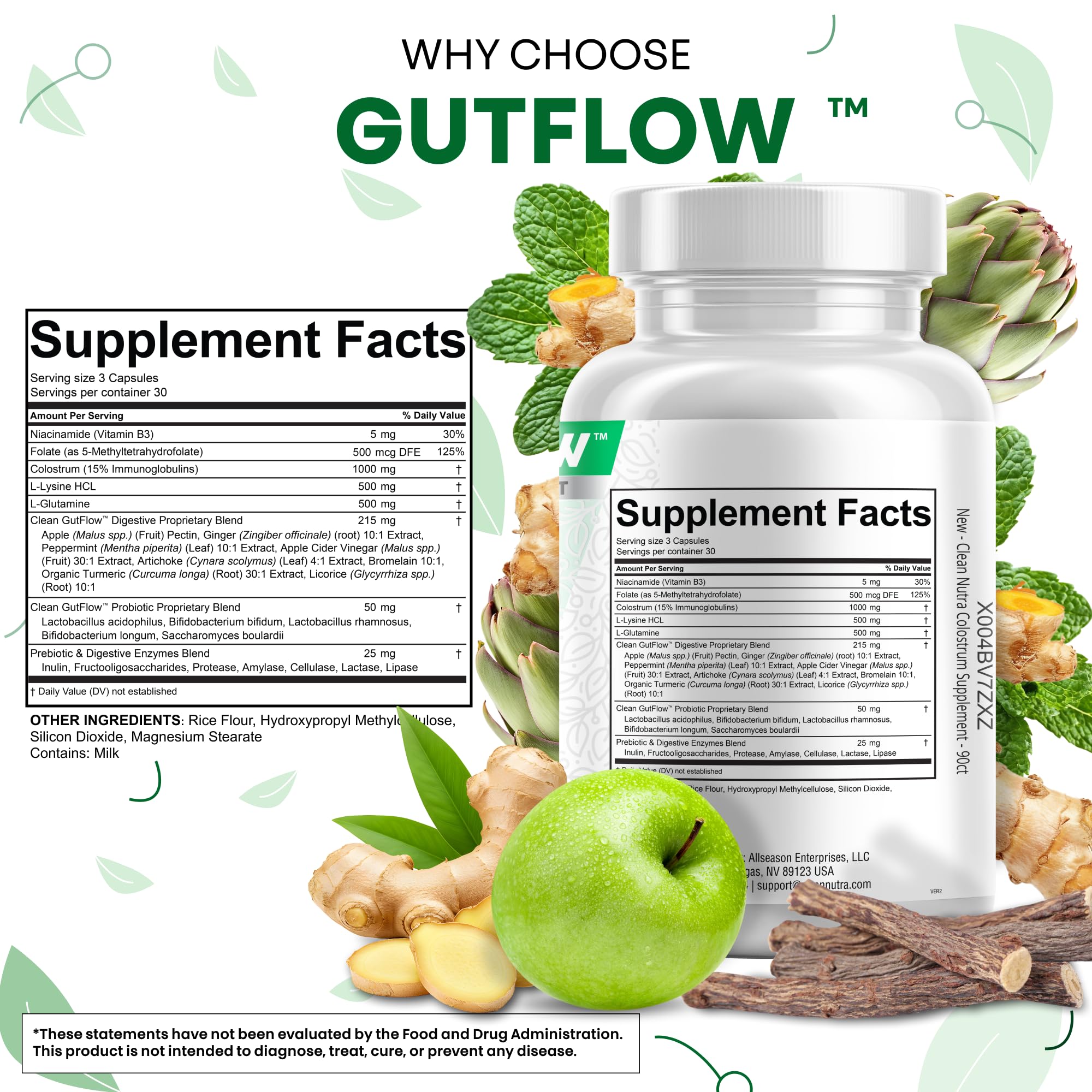 Clean Nutraceuticals Colostrum Supplement Capsules Probiotics Pills Prebiotics, L-Glutamine, Digestive Enzymes, Folate, Fiber, ACV, Turmeric, Apple Pectin and Turmeric Pills Clean Nutraceuticals buy supplements canada