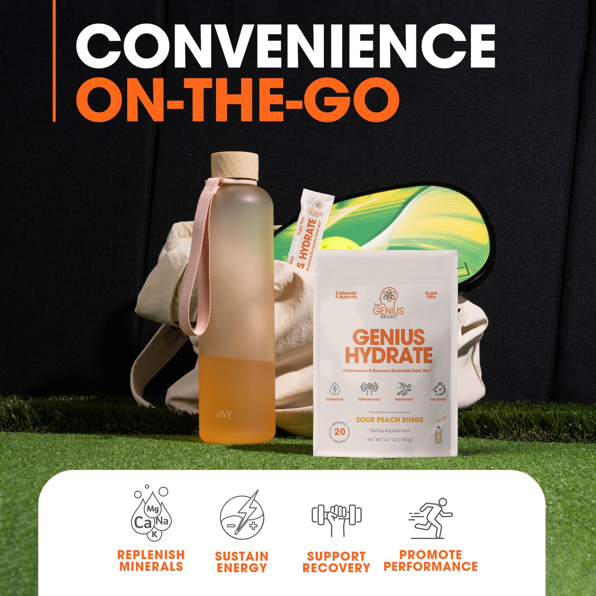 The Genius Brand Genius Hydrate - Electrolyte Supplement for Daily Hydration - Coconut Water - Sugar-Free - 8 Essential Minerals & Nutrients - Non-GMO - Sour Peach Rings - 20 Servings The Genius Brand buy supplements canada