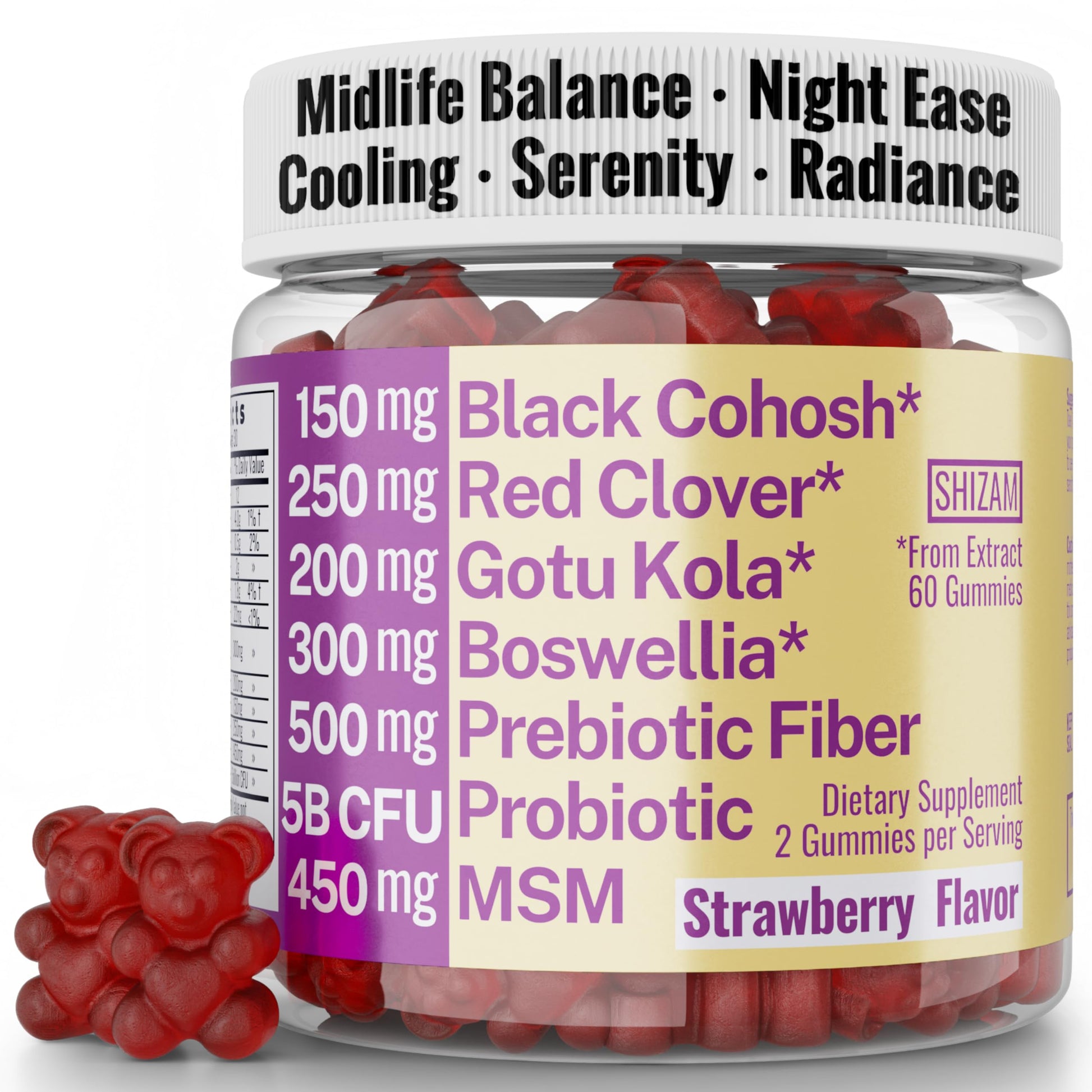 Boswellia Serrata Black Cohosh Gotu Kola Red Clover Extract Complex Gummies w. Probiotic Fiber (Chicory Root Inulin) MSM Methylsulfonylmethane, Supplement Alt for Organic Powder Capsules Tincture SHIZAM buy supplements canada