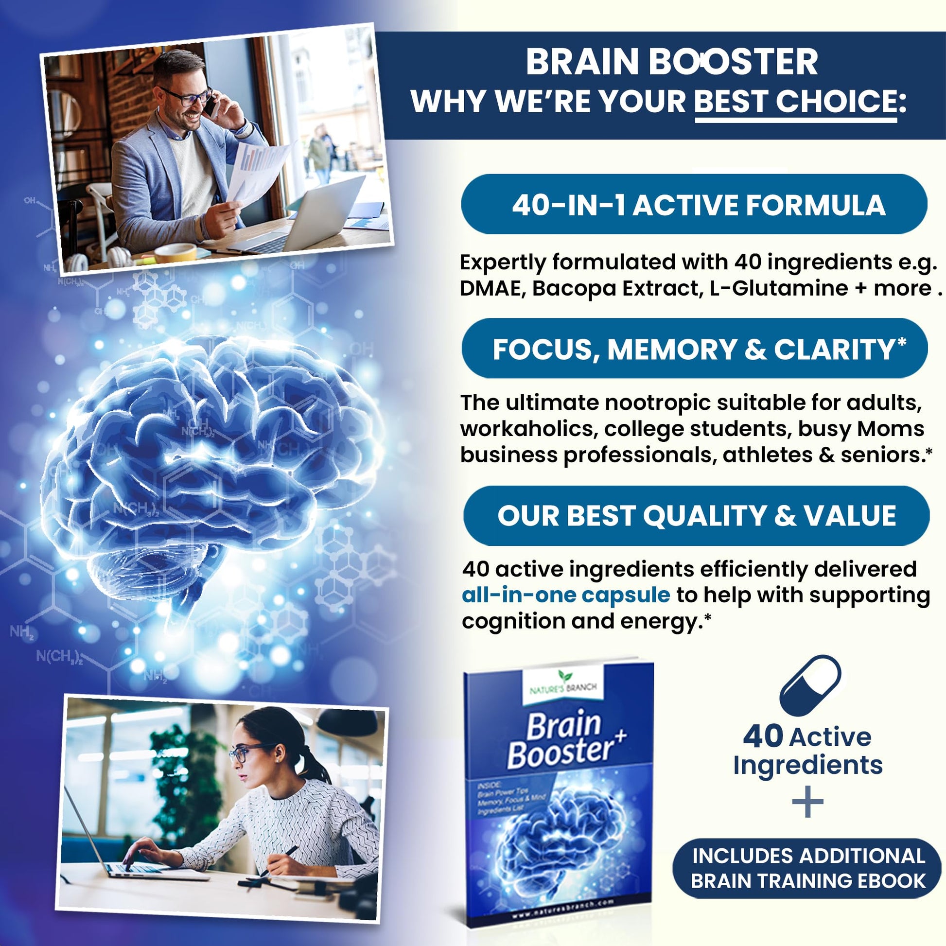40-in-1 Brain Booster Supplement for Focus, Memory, Clarity, Energy | Advanced Vitamins Plus eBook | for Men & Women, Cognitive Function Nootropic Support with DMAE, Mind Health Formula | 60 Capsules NATURE'S BRANCH buy supplements canada