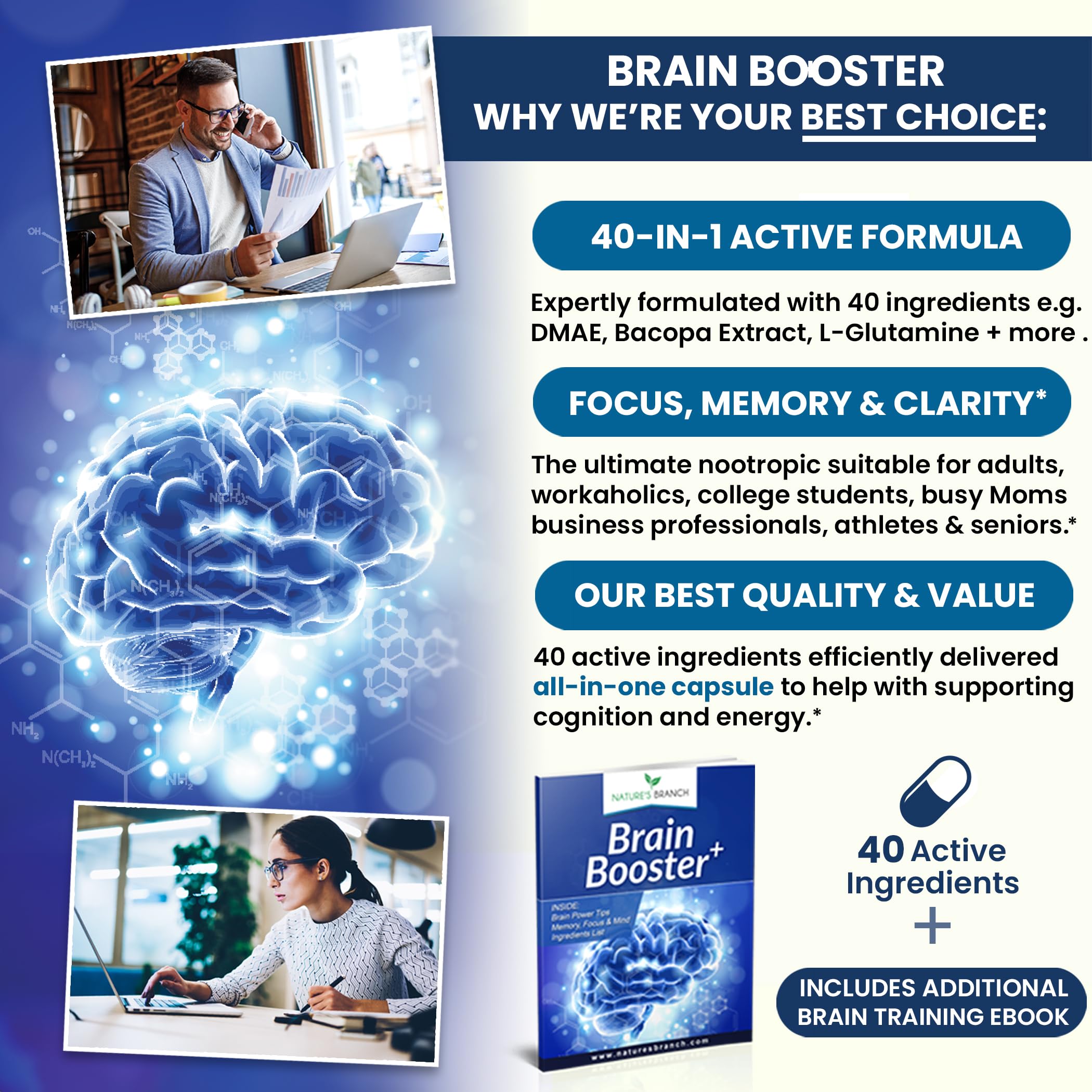 40-in-1 Brain Booster Supplement for Focus, Memory, Clarity, Energy | Advanced Vitamins Plus eBook | for Men & Women, Cognitive Function Nootropic Support with DMAE, Mind Health Formula | 60 Capsules NATURE'S BRANCH buy supplements canada