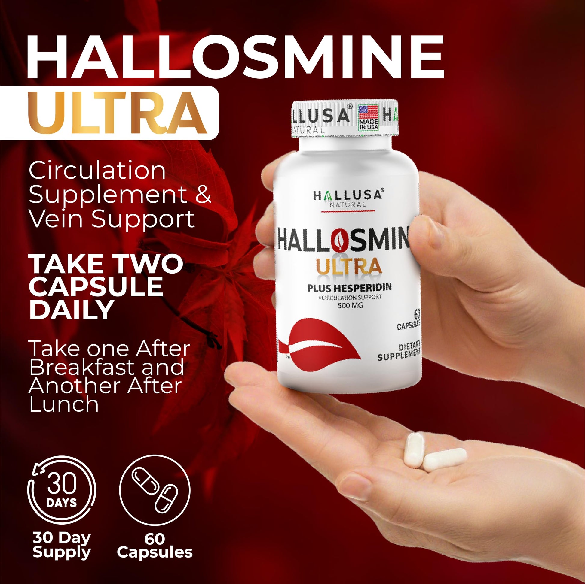 Hallosmine Ultra 650mg Diosmin Hesperidin, 60 Capsules + FREE Leg Cream with Diosmin, Hesperidin & Horse Chestnut, 4 oz | Blood Circulation & Vein Support Supplement, GMO Free, Gluten Free Hallusa Natural buy supplements canada