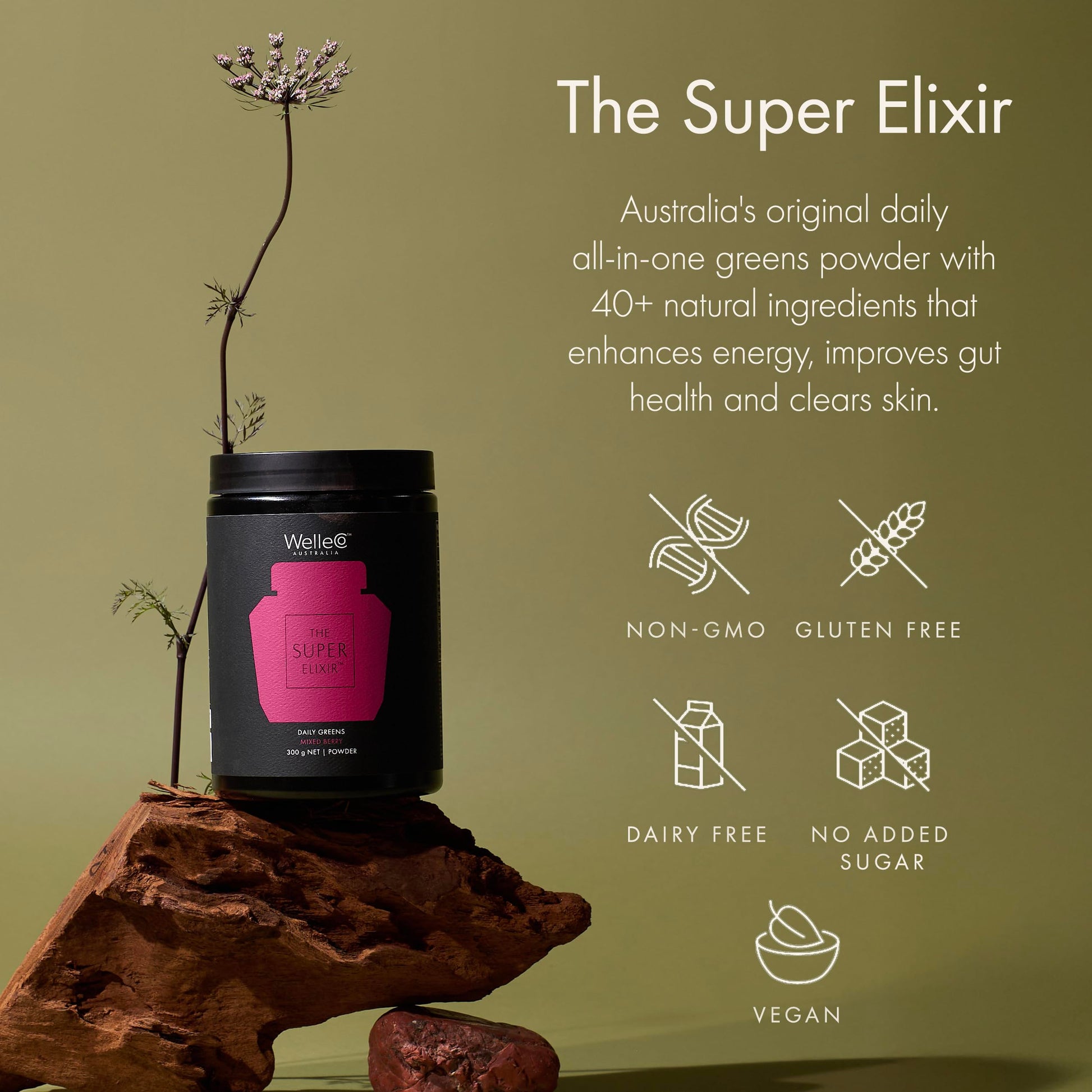 WelleCo The Super Elixir Daily Greens Powder, Probiotic Drink Mix with Whole Foods, Gluten Free, Vegan Gut Health Powder, Energy, Immunity, Healthy Skin, Hair & Nails (300g, Mixed Berry) WelleCo buy supplements canada