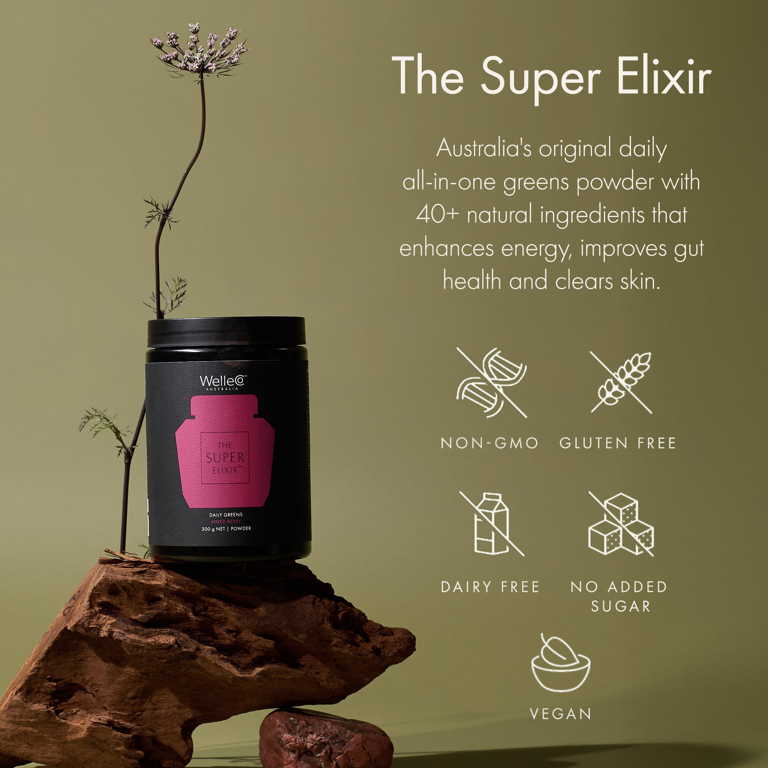 WelleCo The Super Elixir Daily Greens Powder, Probiotic Drink Mix with Whole Foods, Gluten Free, Vegan Gut Health Powder, Energy, Immunity, Healthy Skin, Hair & Nails (300g, Mixed Berry) WelleCo buy supplements canada
