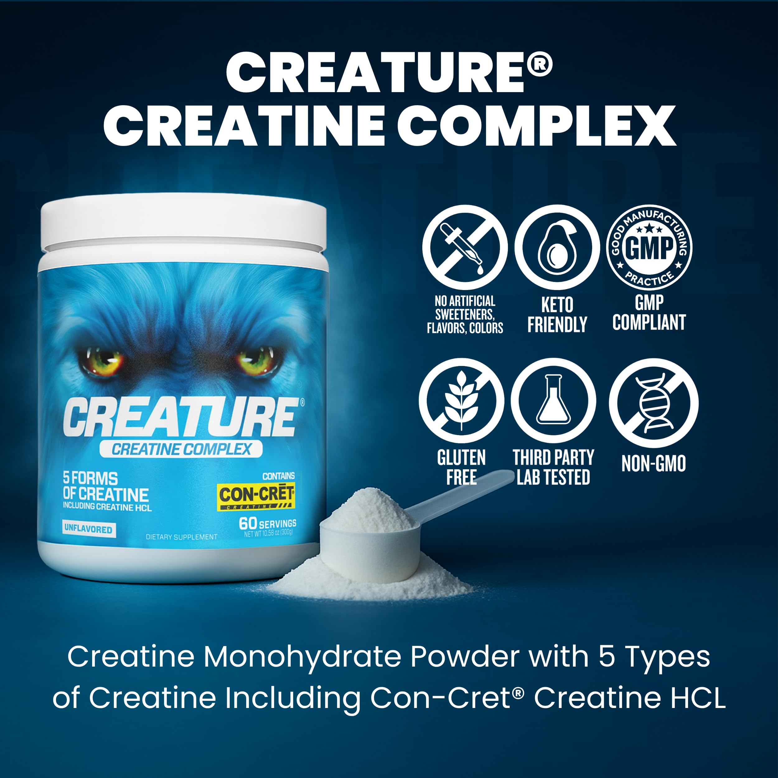 CREATURE® Creatine Complex - Creatine Monohydrate Powder with 5 Types of Creatine Including Con-Crēt® Creatine HCL, Promotes Muscle, Strength, Endurance, Brain Health, Unflavored, 300g 60 Servings CREATURE buy supplements canada