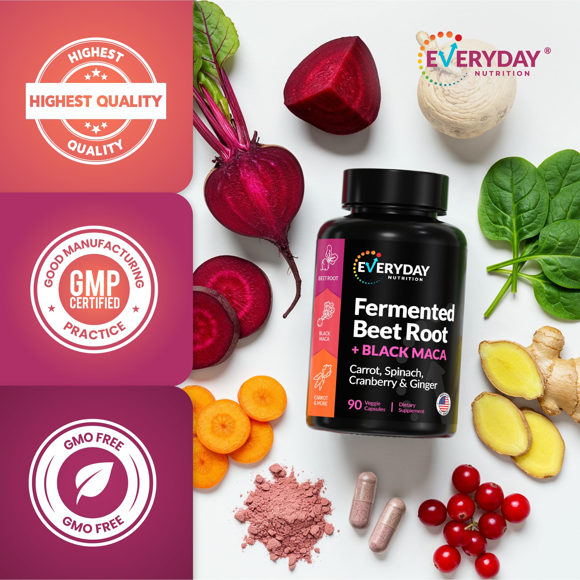 EVERYDAY NUTRITION Organic Fermented Beet Root & Black Maca Capsules with Carrot, Spinach, Cranberry & Ginger | Superfood for Energy, Stamina & Wellness | 90 Veggie Capsules | Made in USA EVERYDAY NUTRITION buy supplements canada