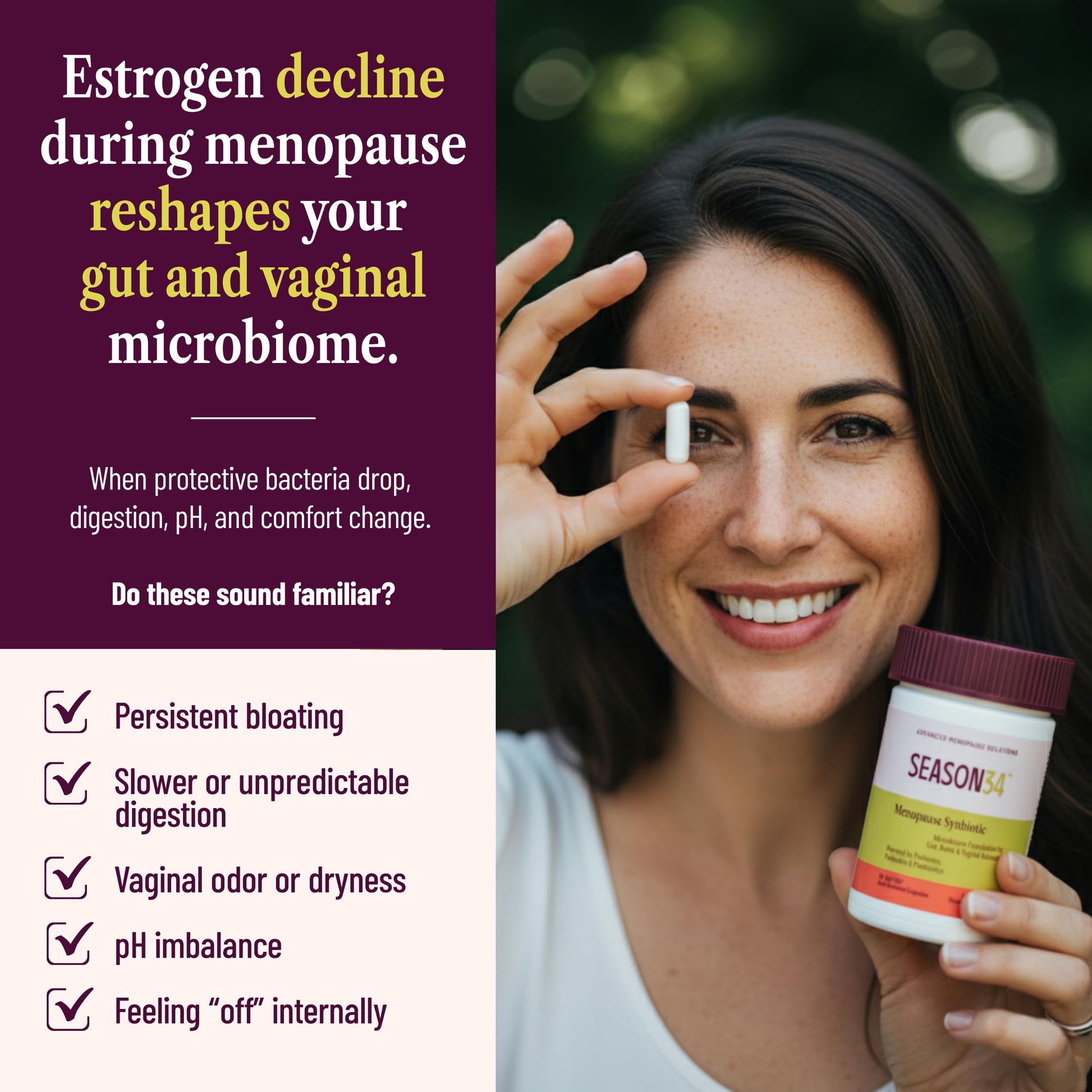 SEASON34 3-in-1 Menopause Probiotic for Women 40+ | Vaginal Care, pH, Odor & Intimate Comfort + Skin, Gut & Bloat Support | with Prebiotic Fiber & Postbiotics | 30 Capsules, 1 Month Supply SEASON34 buy supplements canada
