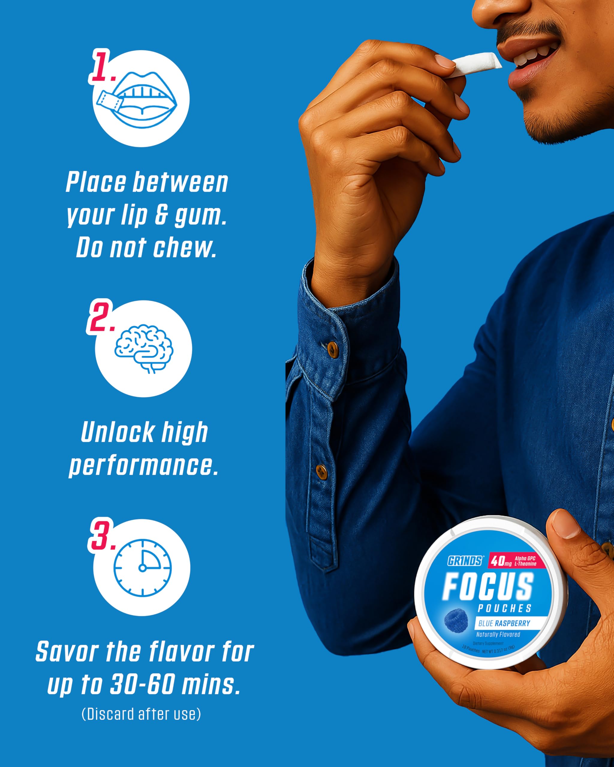 GRINDS Focus Pouches - Naturally Flavored with Nootropic Ingredients - Contains Alpha GPC and L-Theanine - Nicotine-Free, Sugar-Free - 3 Pack, 18 Pouches Per Can - Blue Raspberry GRINDS buy supplements canada