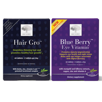 NEW NORDIC Hair & Eye Support Tablets Bundle, Hair GRO Natural Hair Growth and Blue Berry Eye Vitamin Supplements NEW NORDIC buy supplements canada