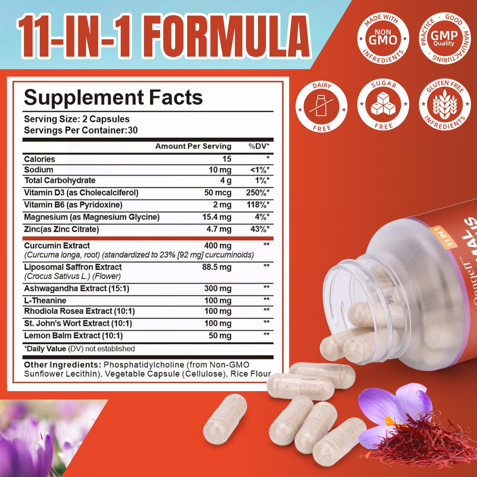 Oeaqeff Liposomal Saffron Supplements -11 in 1 100% Pure Saffron Extract 88.5 mg Maximum Absorption for Mood, Energy & Vision,Vegan, Non-GMO - 60 Vegan Capsules (1) Oeaqeff buy supplements canada