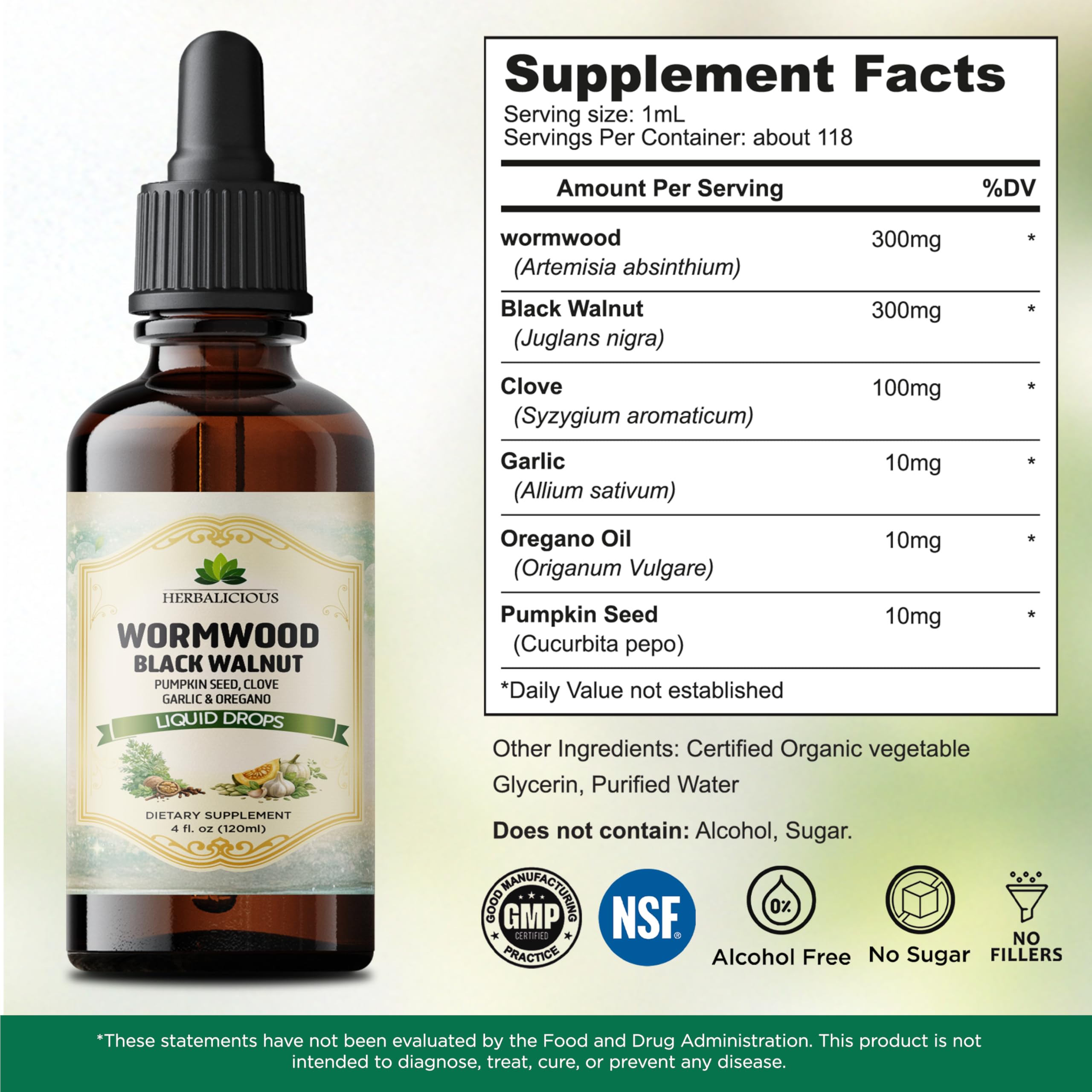 HEBRALICIOUS Wormwood Black Walnut Liquid Drops – Herbal Blend with Pumpkin Seed, Clove, Garlic & Oregano Oil – Alcohol Free Herbal Tincture – Liquid Dietary Supplement, 4 fl oz (120ml) HERBALICIOUS buy supplements canada