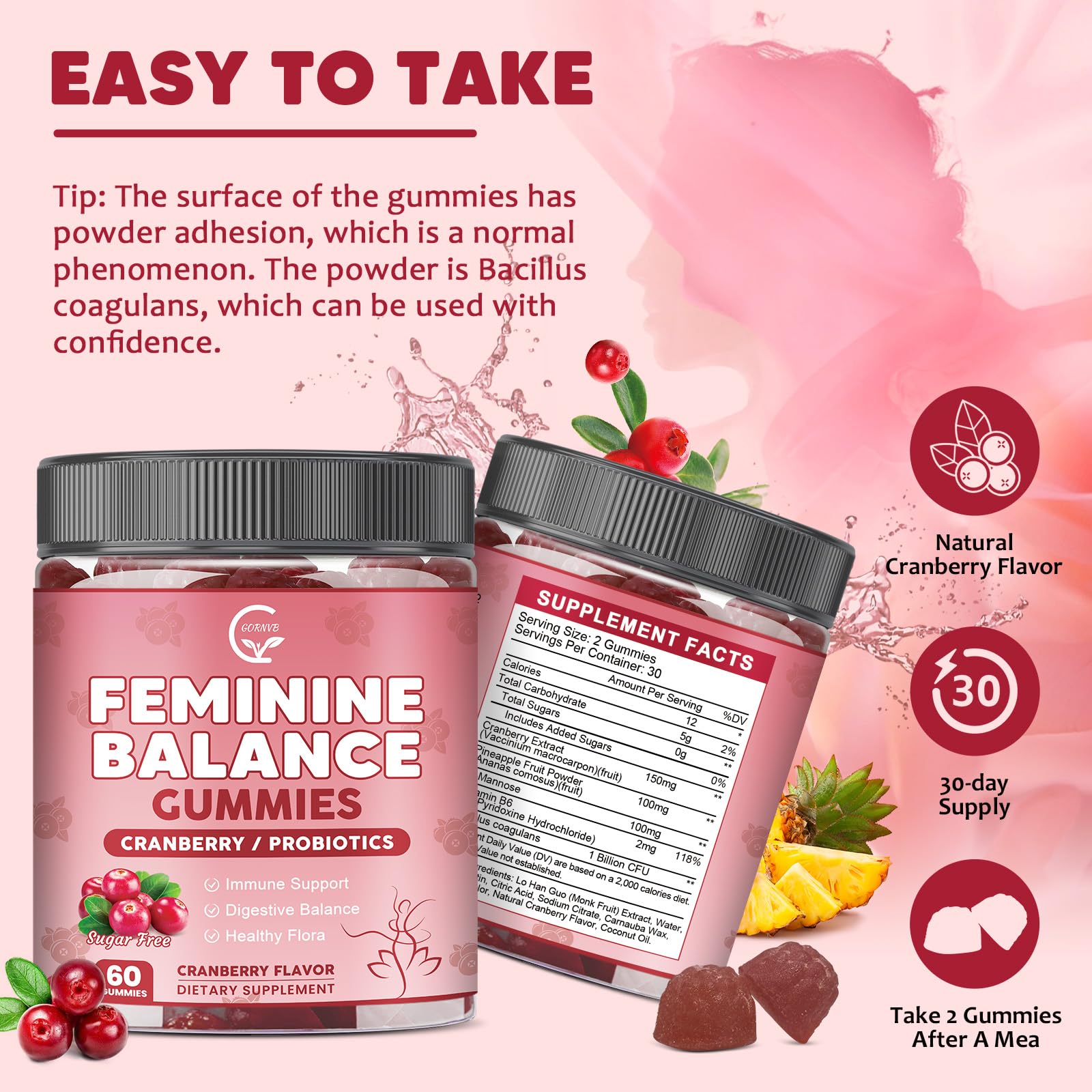 GORNVB Premium Feminine Balance Gummies for Women, Support pH Balance & Vaginal Probiotics Health Gummies with Cranberry Pineapple Powder, D-Mannose, Sugar Free, Gluten Free, Vegan GORNVB buy supplements canada