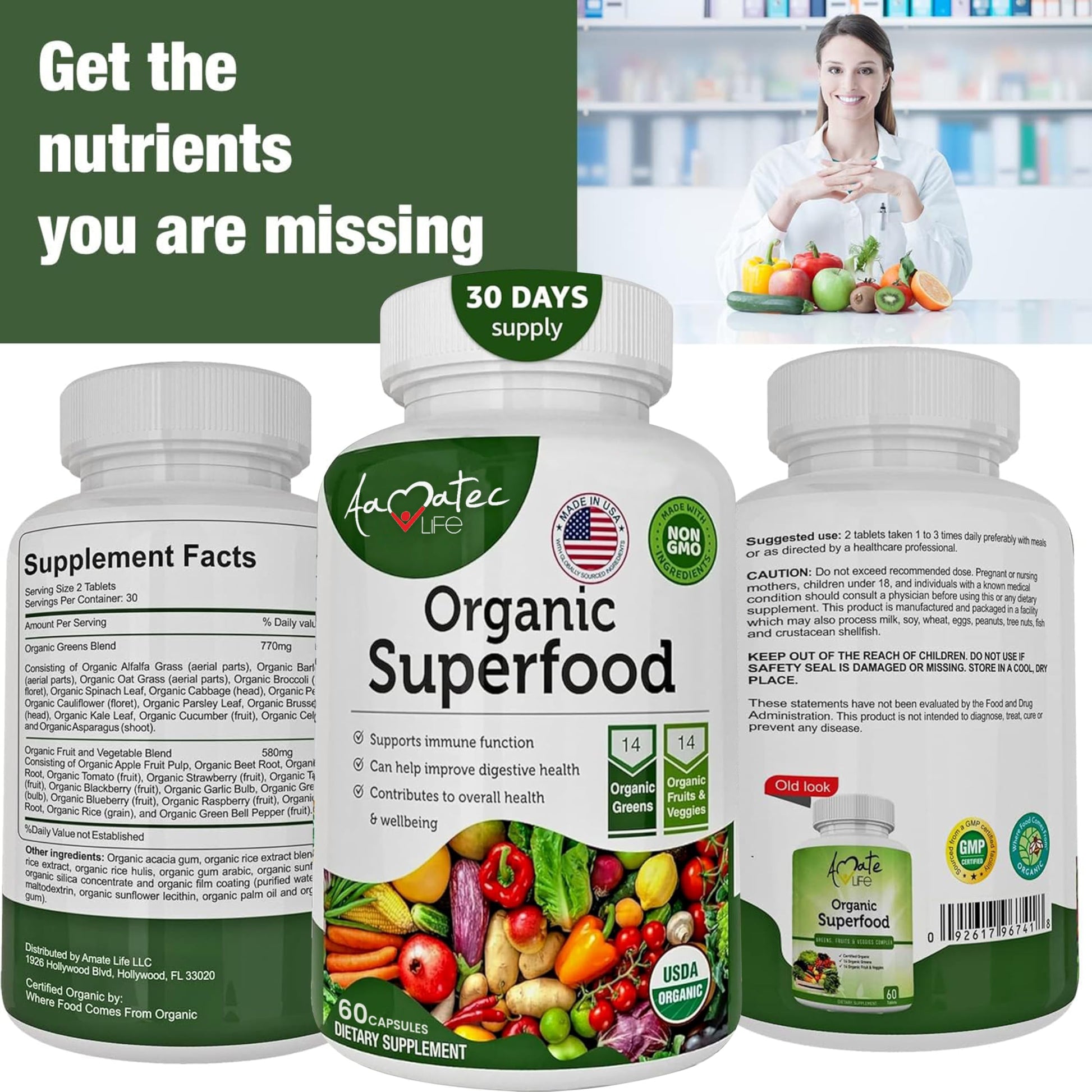 AAMATEC LIFE Organic Superfood Greens Fruits and Veggies Complex - Dietary Supplement with 14 Greens &14 Vegetables with Alfalfa Rich in Antioxidants Organic Ingredients Non-GMO (120 Count Pack of 2) AAMATEC LIFE buy supplements canada