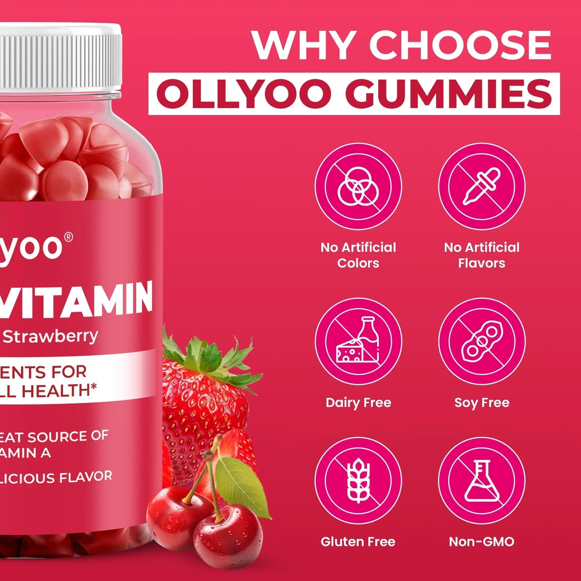 Ollyoo Multivitamin Gummies for Adults | Cherry & Strawberry Flavor | Great Source of Vitamin A & Essential Nutrients | Ollyoo buy supplements canada
