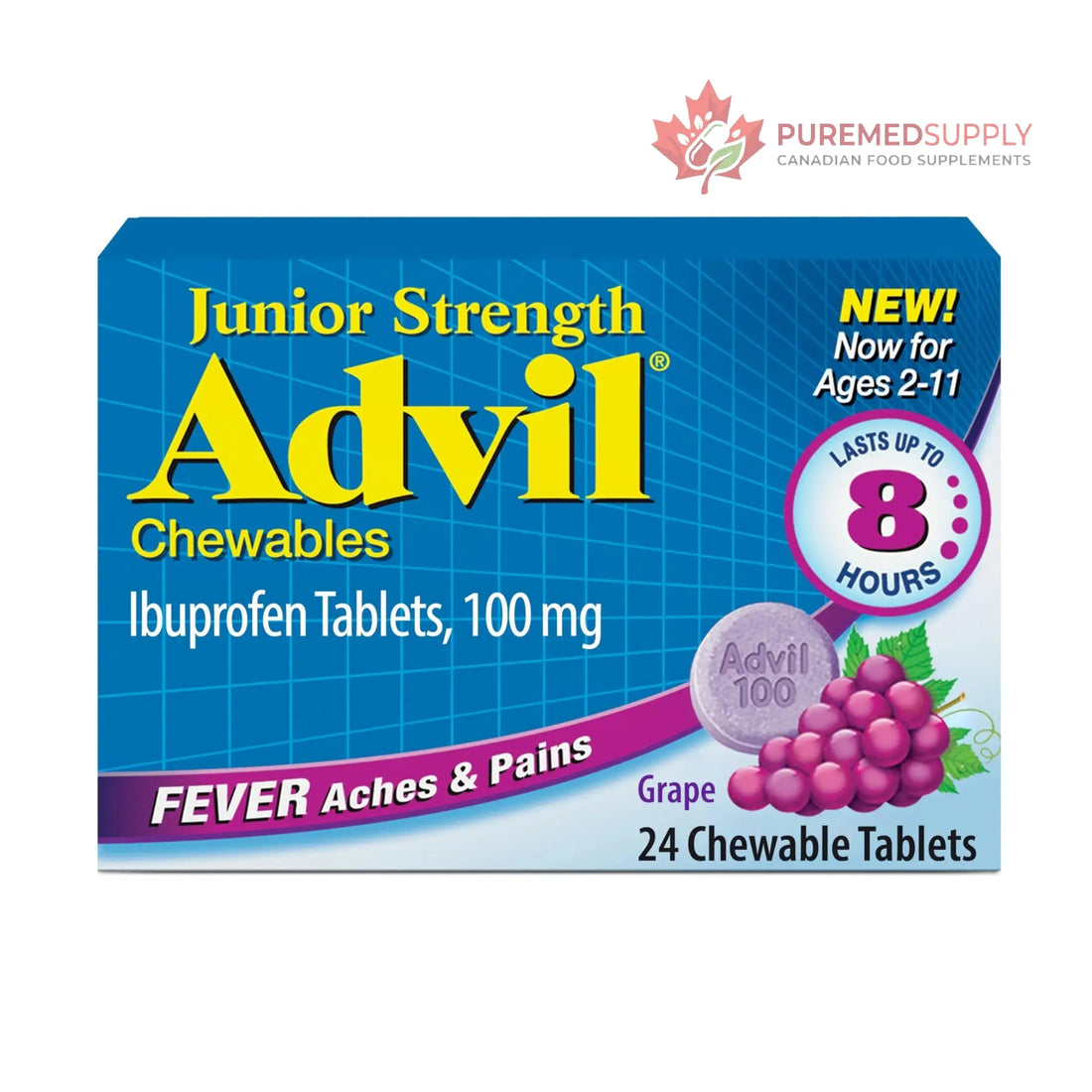 Advil Junior Strength Chewable Ibuprofen Pain Reliever and Fever Reducer, Children's Ibuprofen for Pain Relief, Grape - 24 Tablets Advil buy supplements canada