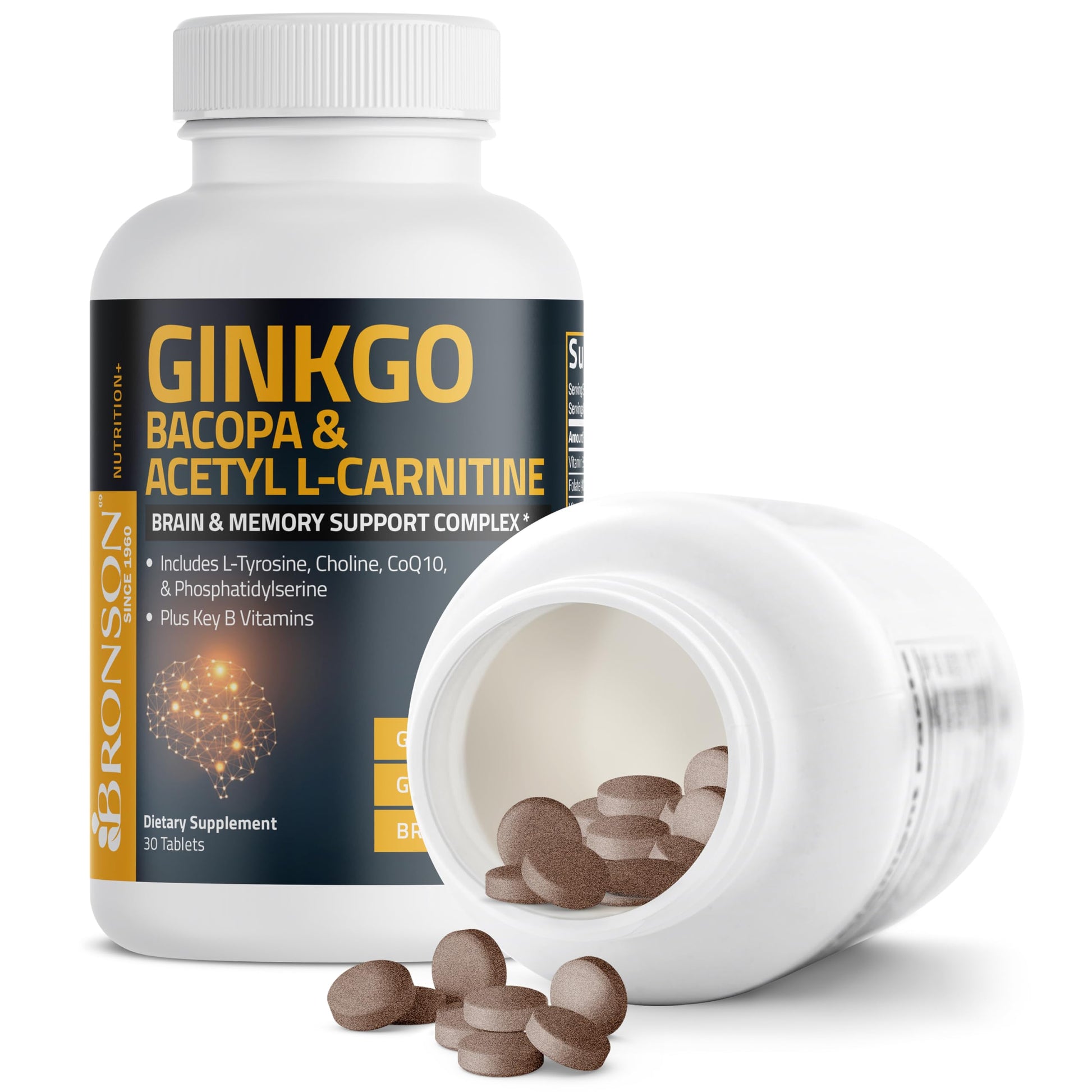 Bronson Ginkgo, Bacopa & Acetyl L-Carnitine Brain & Memory Support Complex with L-Tyrosine, Choline, CoQ10 & Phosphatidylserine Plus Key B Vitamins Non-GMO, 30 Tablets Bronson buy supplements canada