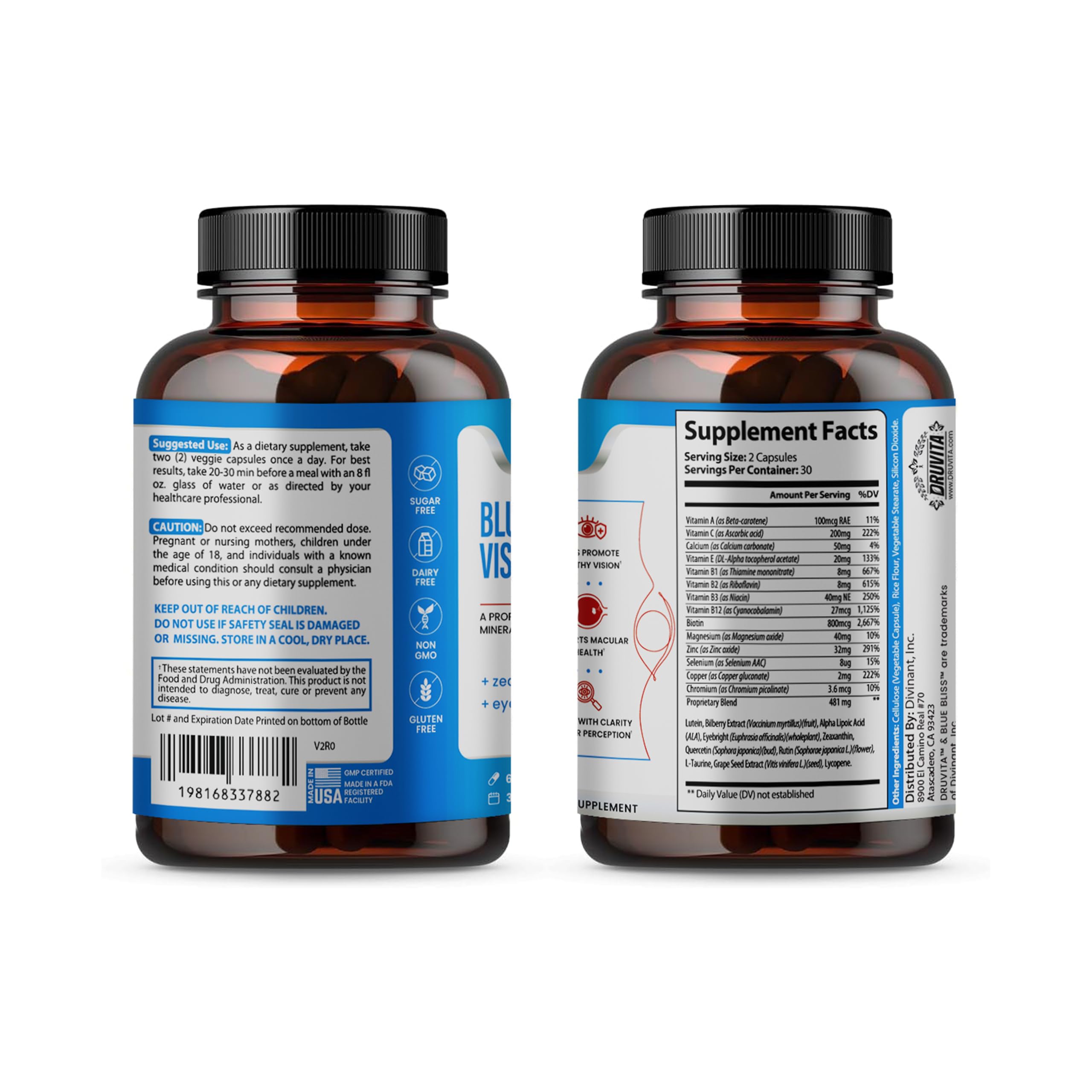 Blue Bliss Vision Support - Eye Vitamins with Lutein, Biotin, Bilberry and Zeaxanthin - Vitamin Supplement for Vision Health and Preservation for Adults Seniors 60 Veggie Capsules 30 Day Supply Druvita buy supplements canada