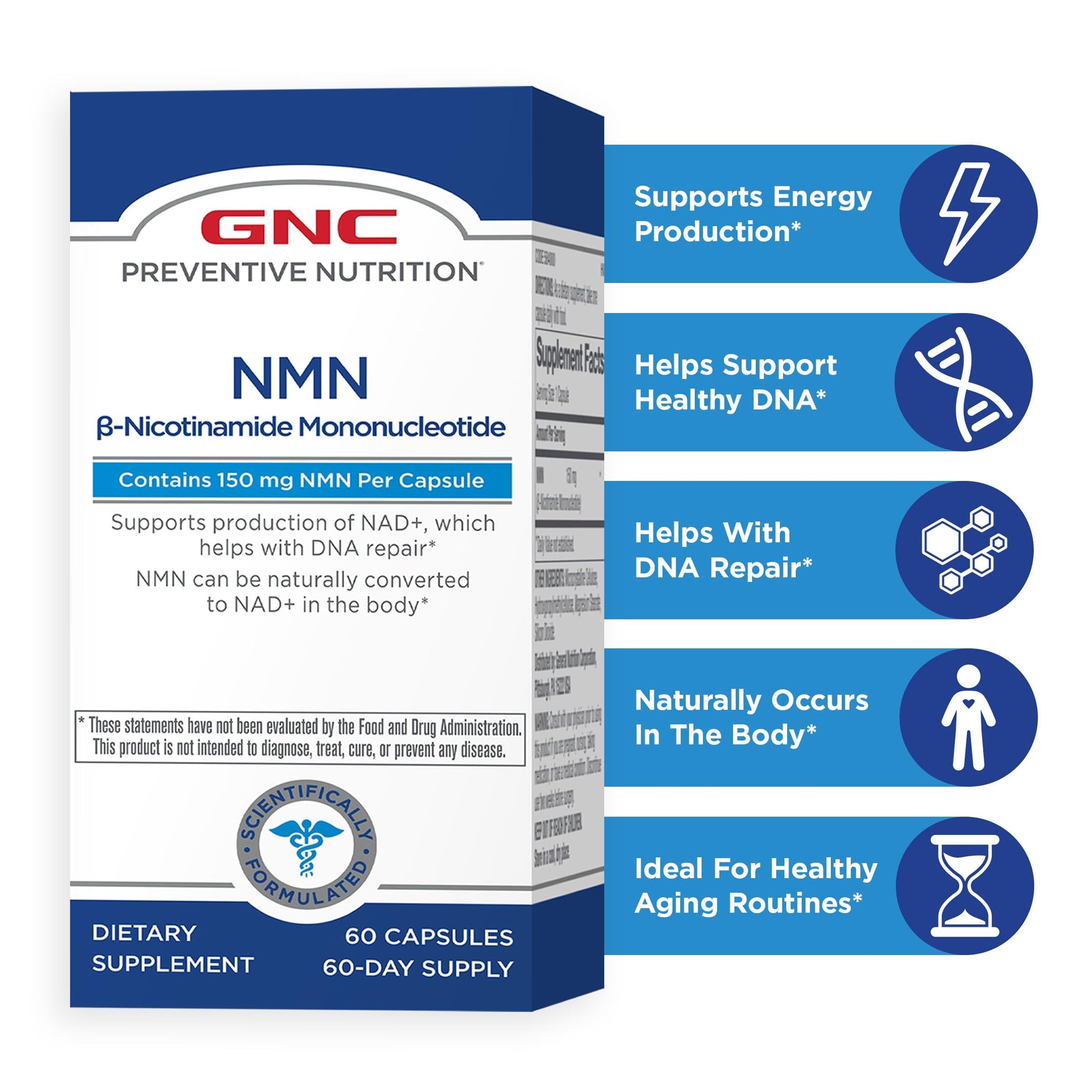 GNC Preventive Nutrition NMN, 150 mg, NAD+ Booster Supplement for Cellular Energy & DNA Repair, Anti-Aging Support, 60 Capsules, Gluten Free, 60 svg GNC buy supplements canada