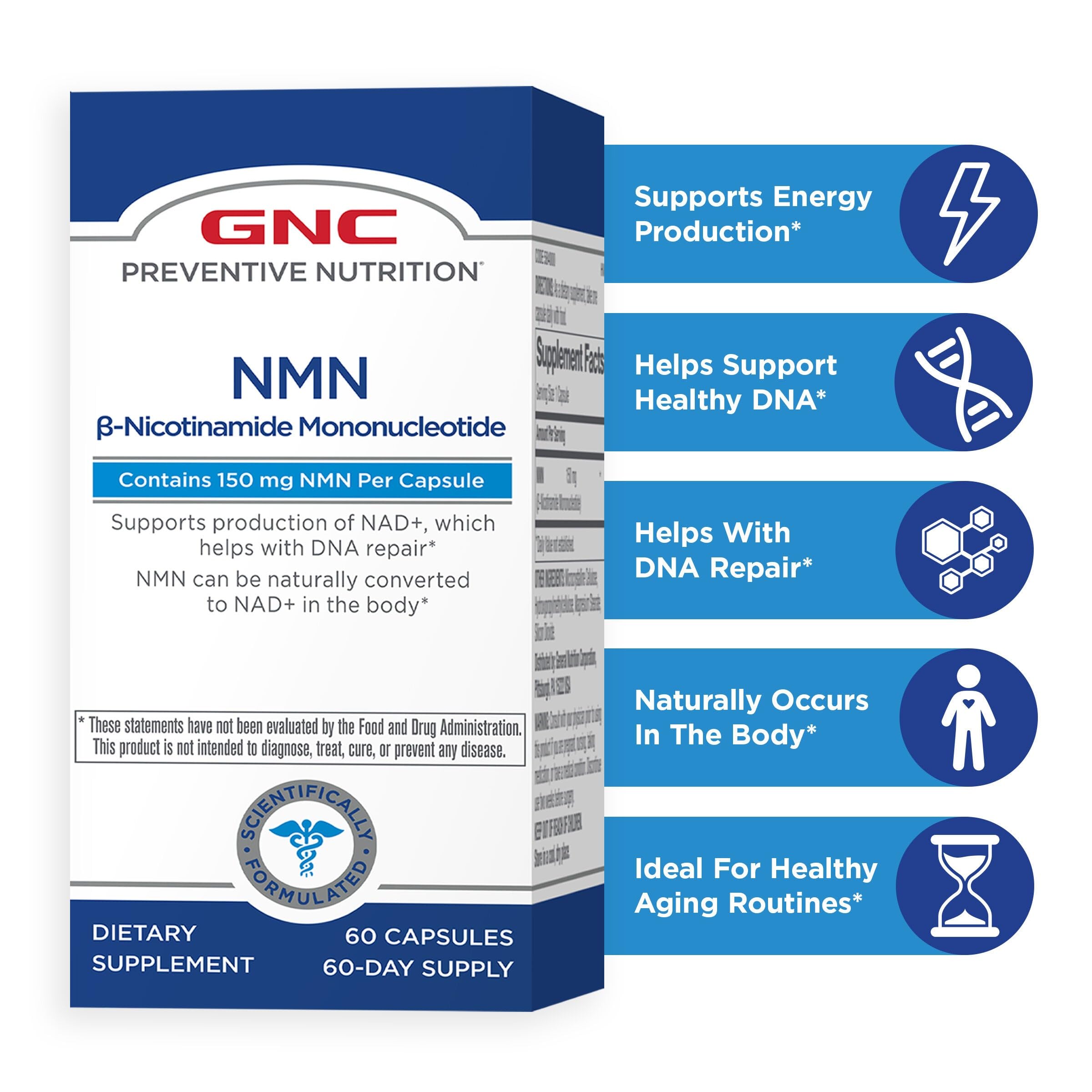 GNC Preventive Nutrition NMN, 150 mg, NAD+ Booster Supplement for Cellular Energy & DNA Repair, Anti-Aging Support, 60 Capsules, Gluten Free, 60 svg GNC buy supplements canada
