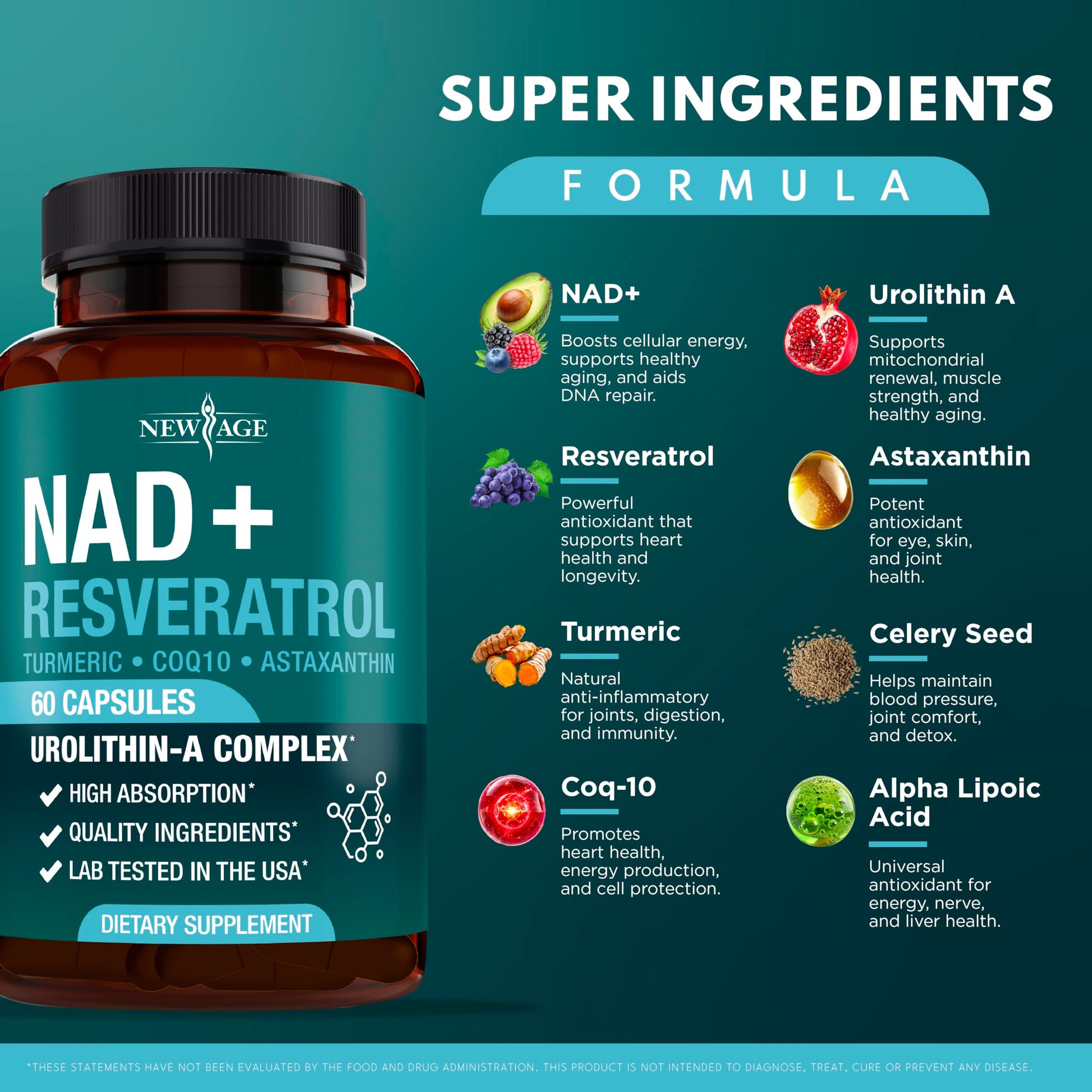 NEW AGE NAD+ Supplement Complex – NAD+ 300 mg with Astaxanthin, Urolithin A, Resveratrol, CoQ10 & Antioxidant Blend – Cellular Energy, Support or Women & Men – Vegan, Non-GMO- 120 Count NEW AGE buy supplements canada