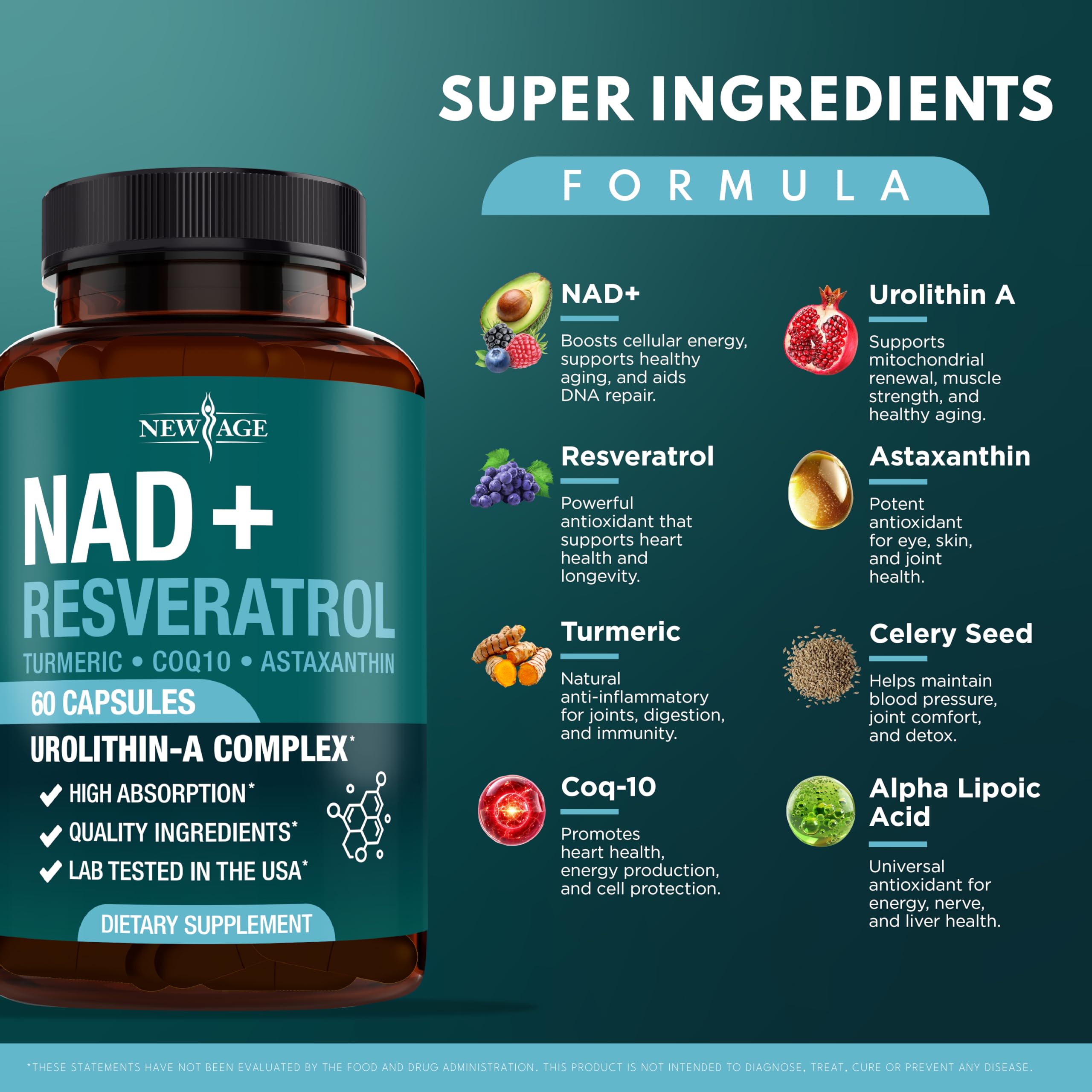 NEW AGE NAD+ Supplement Complex – NAD+ 300 mg with Astaxanthin, Urolithin A, Resveratrol, CoQ10 & Antioxidant Blend – Cellular Energy, Support or Women & Men – Vegan, Non-GMO- 120 Count NEW AGE buy supplements canada