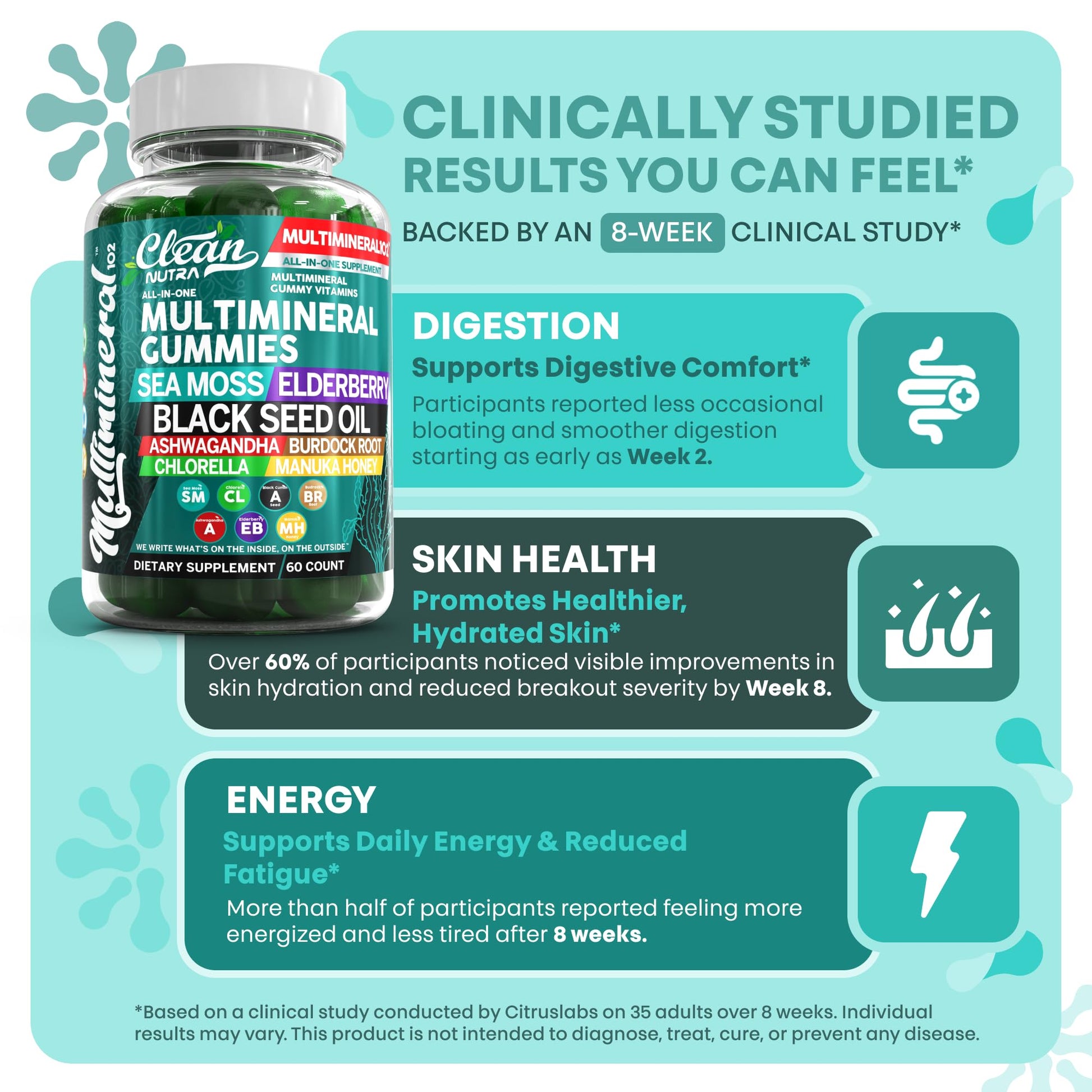 Sea Moss Gummies | Clinically Tested - Black Seed Oil Ashwagandha Elderberry Burdock Root Chlorella Manuka Honey - Vegan Irish Sea Moss Gummy Vitamins Clean Nutraceuticals buy supplements canada
