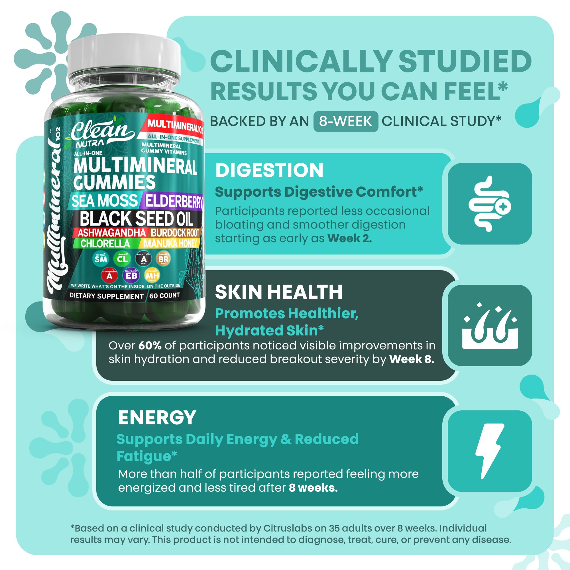 Sea Moss Gummies | Clinically Tested - Black Seed Oil Ashwagandha Elderberry Burdock Root Chlorella Manuka Honey - Vegan Irish Sea Moss Gummy Vitamins Clean Nutraceuticals buy supplements canada