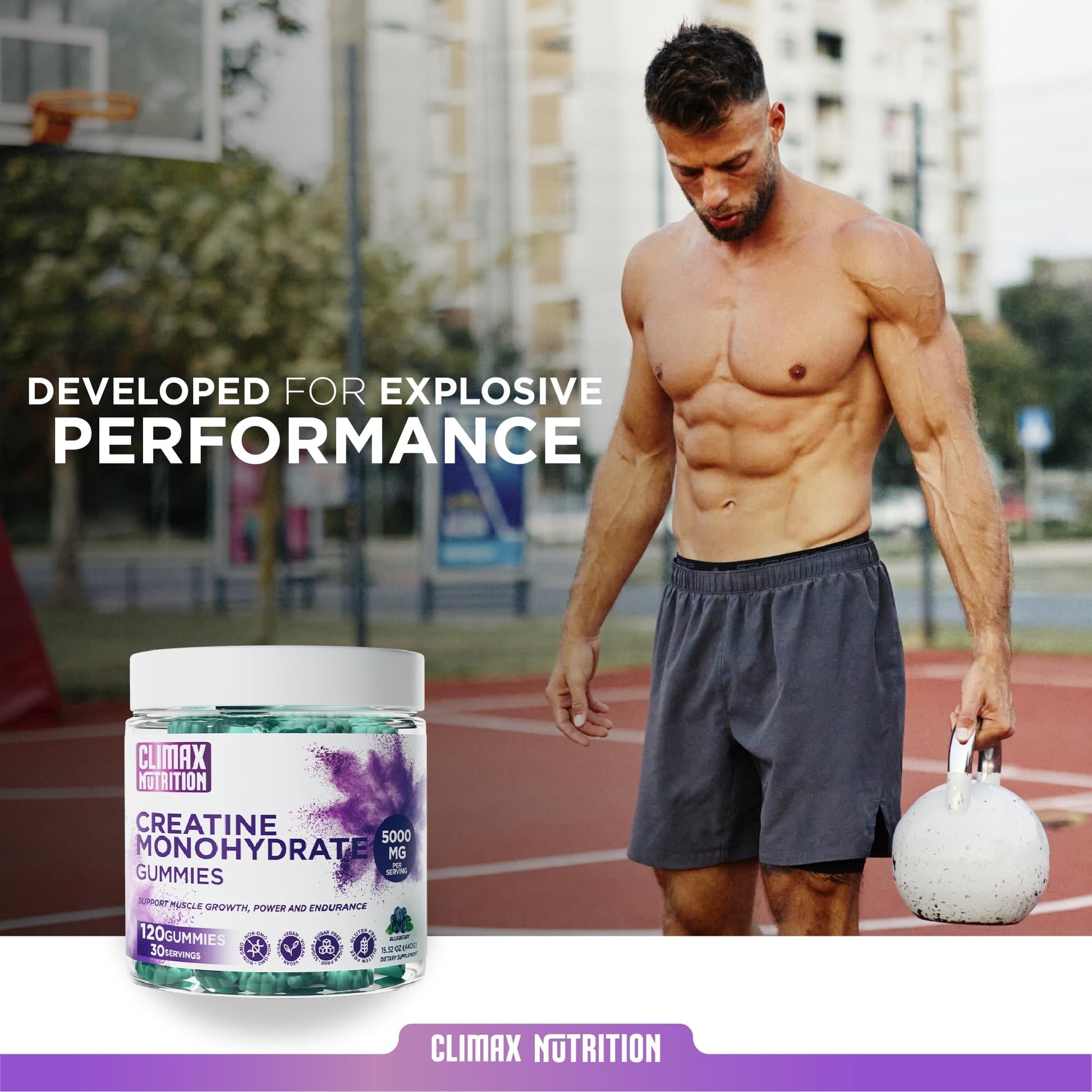 Creatine Monohydrate Gummies - Vegan, Sugar-Free, Gluten-Free - Boosts Muscle Recovery, Strength & Lean Muscle Growth - Brain Health Support - for Men & Women - Blueberry Flavor - 120 Gummies CLIMAX NUTRITION buy supplements canada