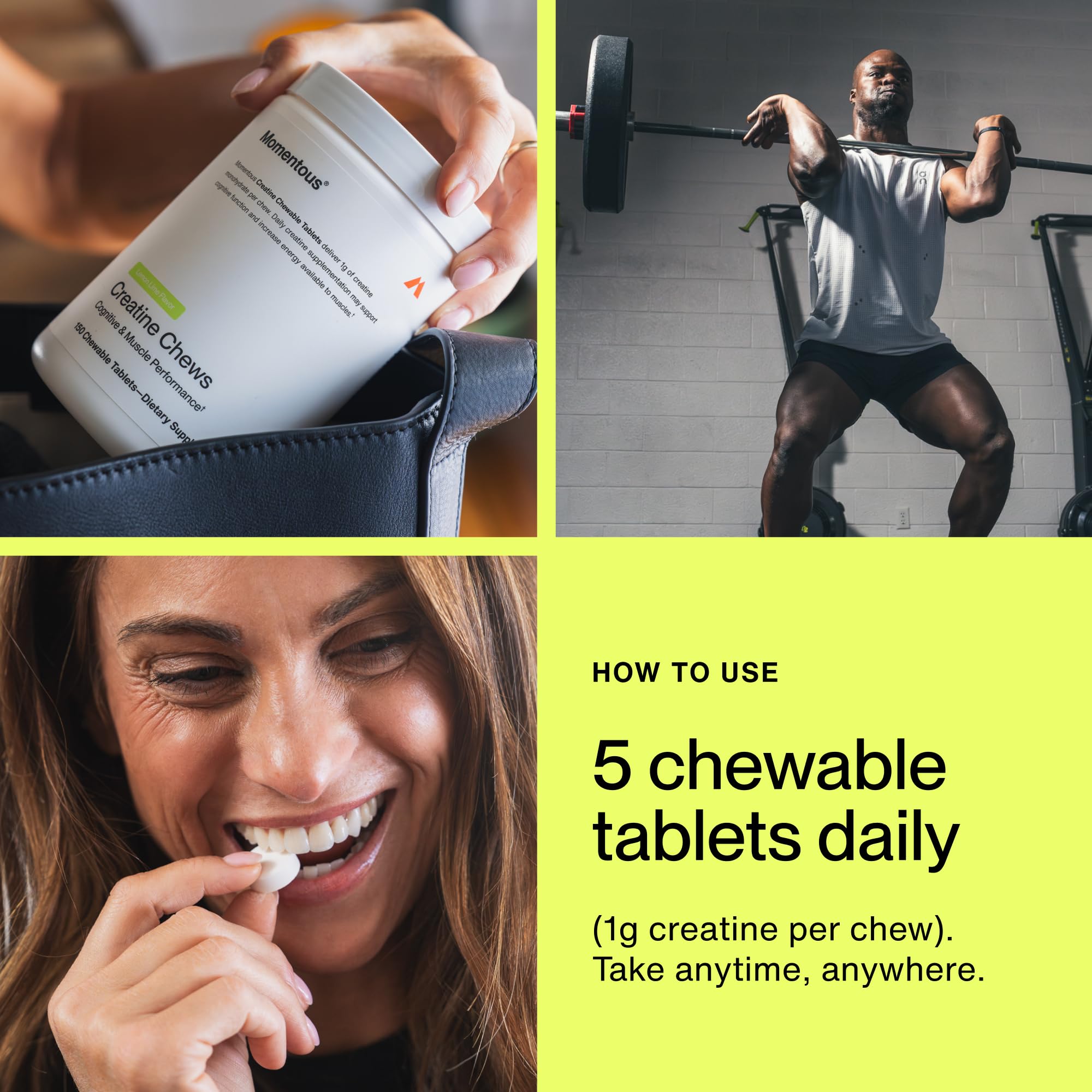 Momentous Creatine Chews - Creatine Monohydrate - Supports Strength, Lean Muscle, & Recovery for Men & Women - NSF Certified for Sport - 150 Chewable Tablets - Lemon Lime Momentous buy supplements canada