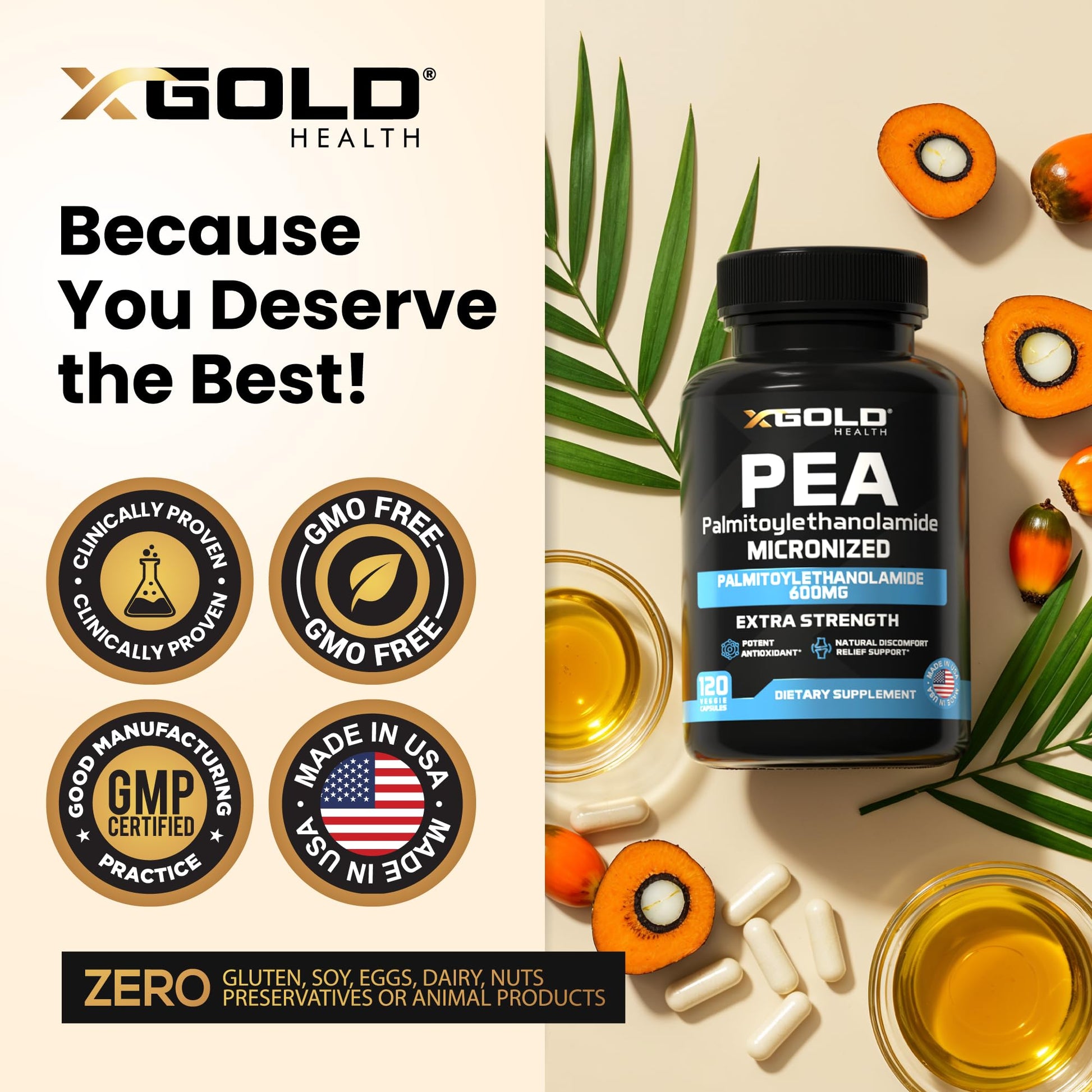 Palmitoylethanolamide Pea Supplement 600 mg | Micronized Pea 99% Highly Purified and Bioavailable | Made in USA | Supplement for Men and Women - 120 Capsules X Gold Health buy supplements canada