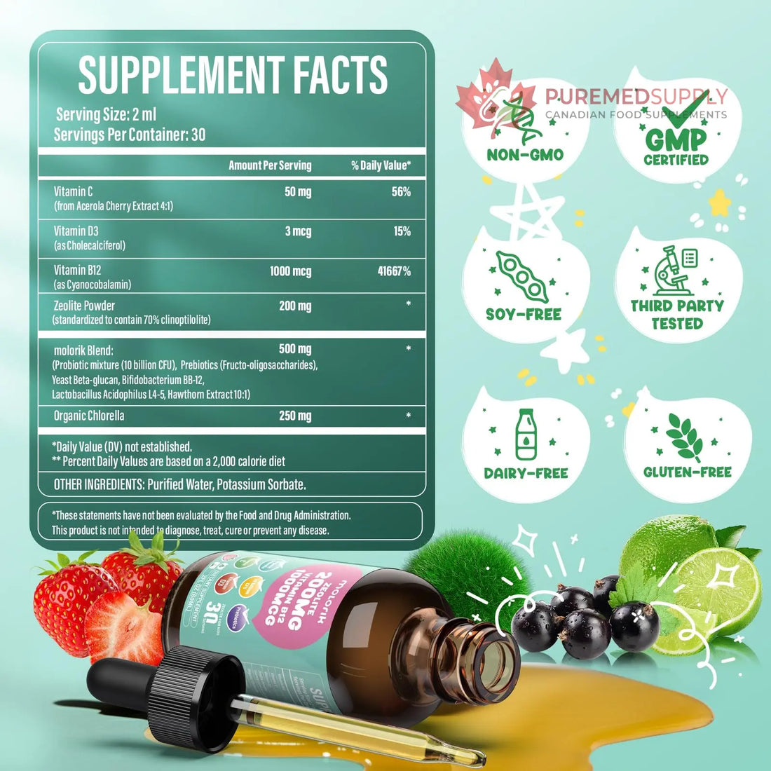 Zeolite Detox for Kids and Adults, 200mg Zeolite Liquid Drops with 1000mcg Vitamin B12, Organic Chlorella, 10 billion CFU & Prebiotics for Gut Support & Speech, Immune, Bone, Energy*, Strawberry, 60ML molorik pure buy supplements canada