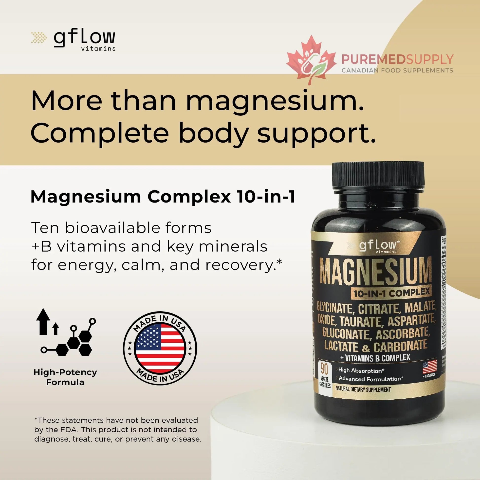 gflow vitamins Magnesium Complex Supplement - 10 Active Forms, Glycinate, Citrate, Malate, Oxide, Taurate, Aspartate, Gluconate, Ascorbate, Lactate, Carbonate, Plus More with Vitamin C B1 B2 B6 B12 gflow vitamins buy supplements canada