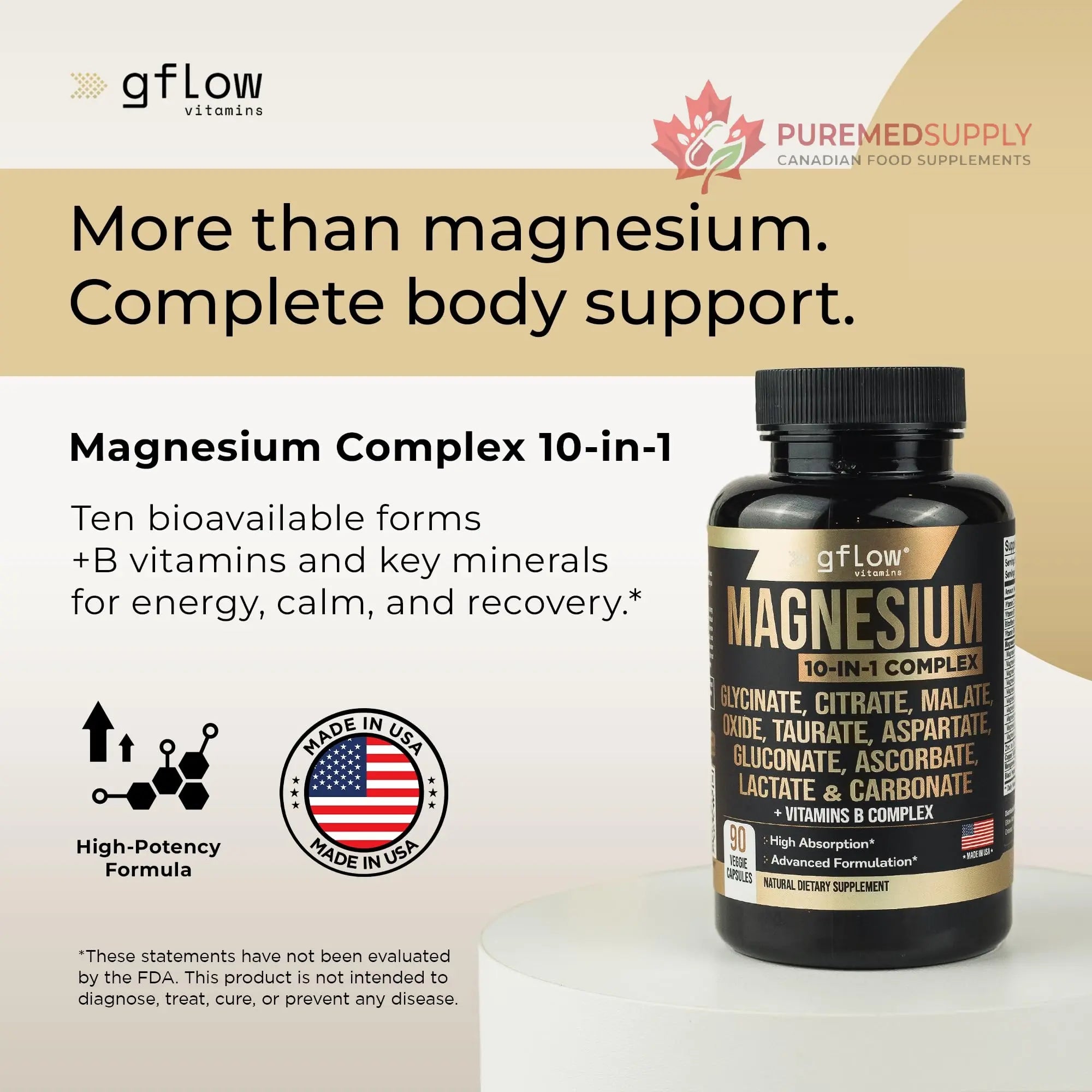 gflow vitamins Magnesium Complex Supplement - 10 Active Forms, Glycinate, Citrate, Malate, Oxide, Taurate, Aspartate, Gluconate, Ascorbate, Lactate, Carbonate, Plus More with Vitamin C B1 B2 B6 B12 gflow vitamins buy supplements canada