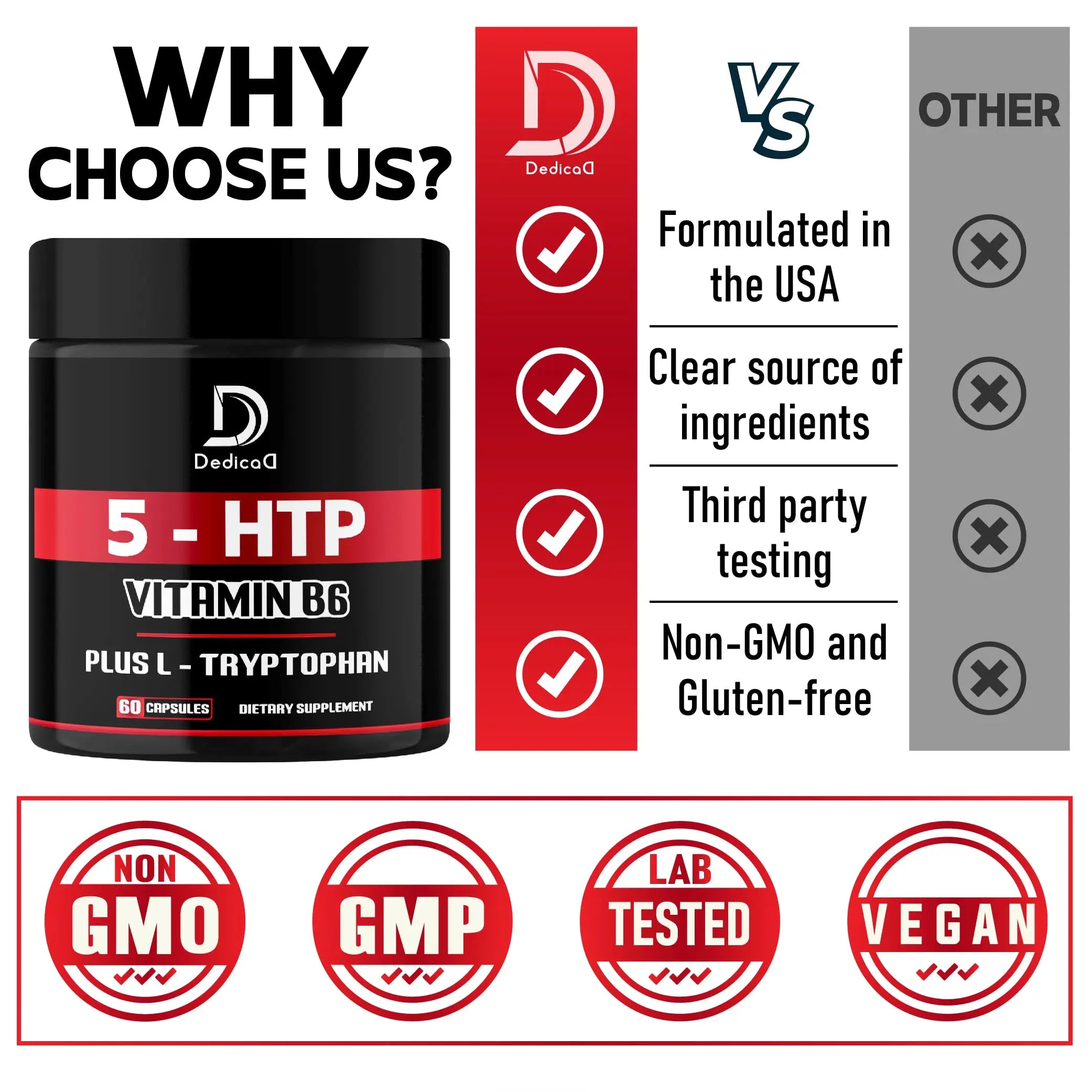 DEDICAD 5 HTP Supplement 1010mg - 60 Capsules - 3in1 Combined with Vitamin B6, L-Tryptophan - Comfortable Mood, Brain Health, Body Management & Immune System Support DEDICAD buy supplements canada
