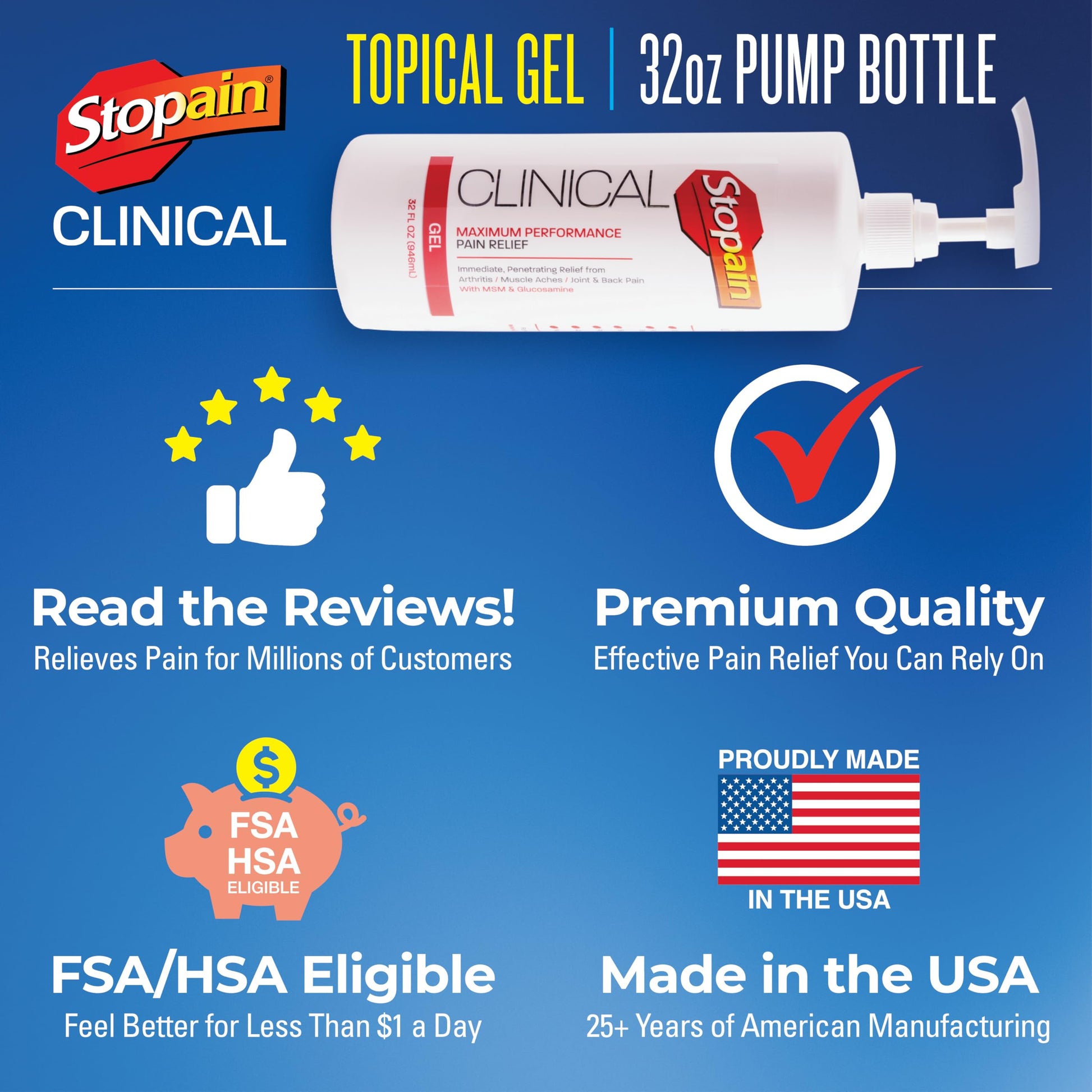 Stopain Clinical Pain Relief Gel 32 oz - Professional Formula for Arthritis, Knee, Back & Muscle Pain - Maximum Strength Gel for Joint & Nerve Pains with 10% Menthol Plus Glucosamine - Made in USA Stopain buy supplements canada
