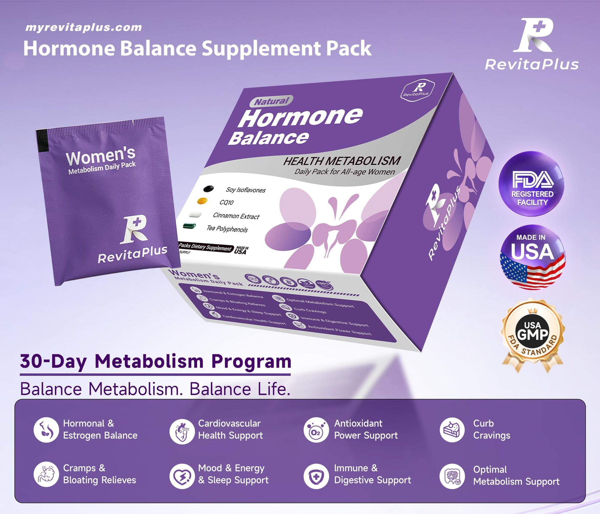 Natural Hormone Balance for Women, Menopause Supplements for Women with Evening Primrose Oil,CoQ10,Soy Isoflavones, Daily Pack Supports Peri+Menopause+Post, PMS,Metabolism,Mood,Energy 30Packs RevitaPlus buy supplements canada