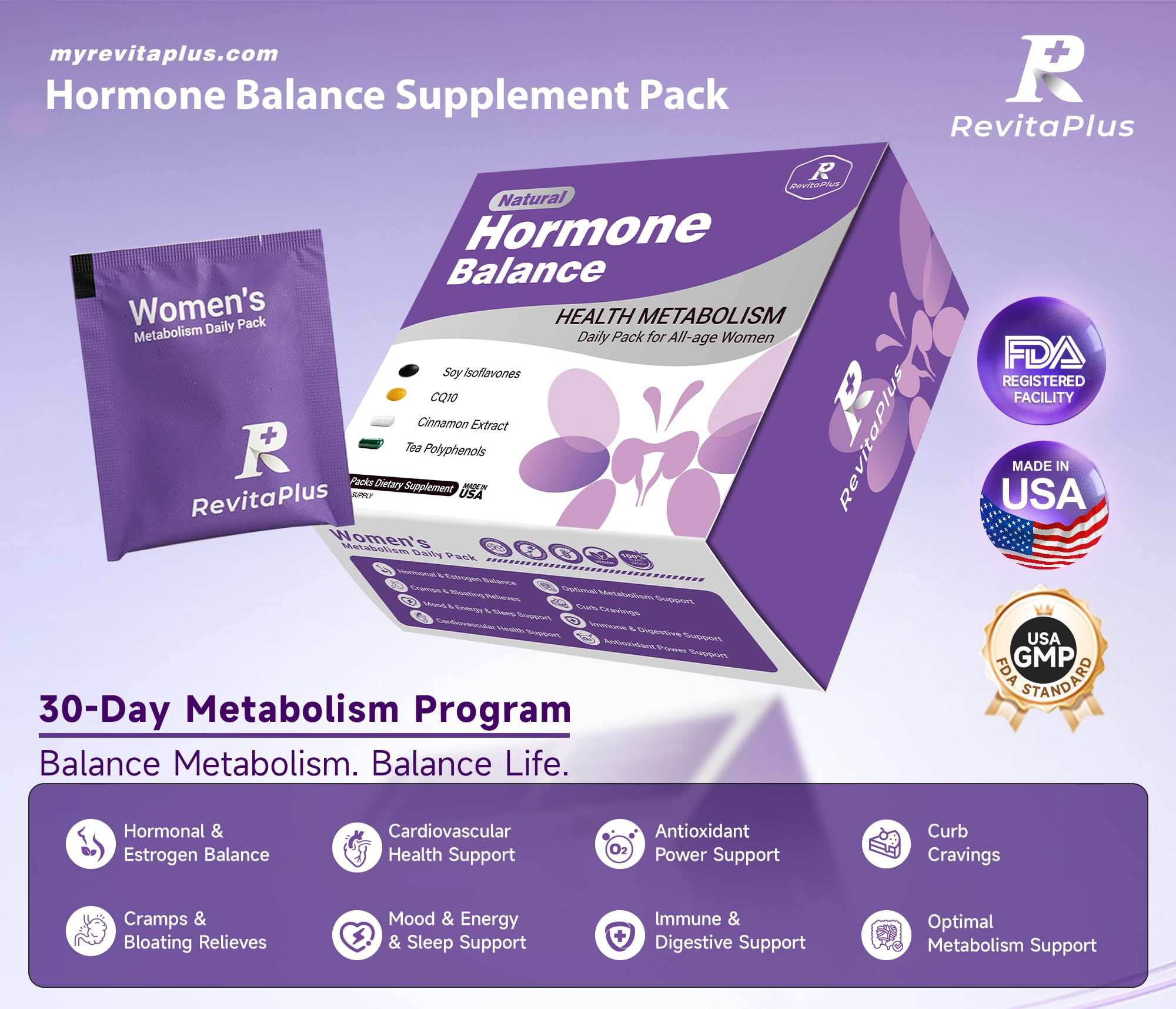 Natural Hormone Balance for Women, Menopause Supplements for Women with Evening Primrose Oil,CoQ10,Soy Isoflavones, Daily Pack Supports Peri+Menopause+Post, PMS,Metabolism,Mood,Energy 30Packs RevitaPlus buy supplements canada