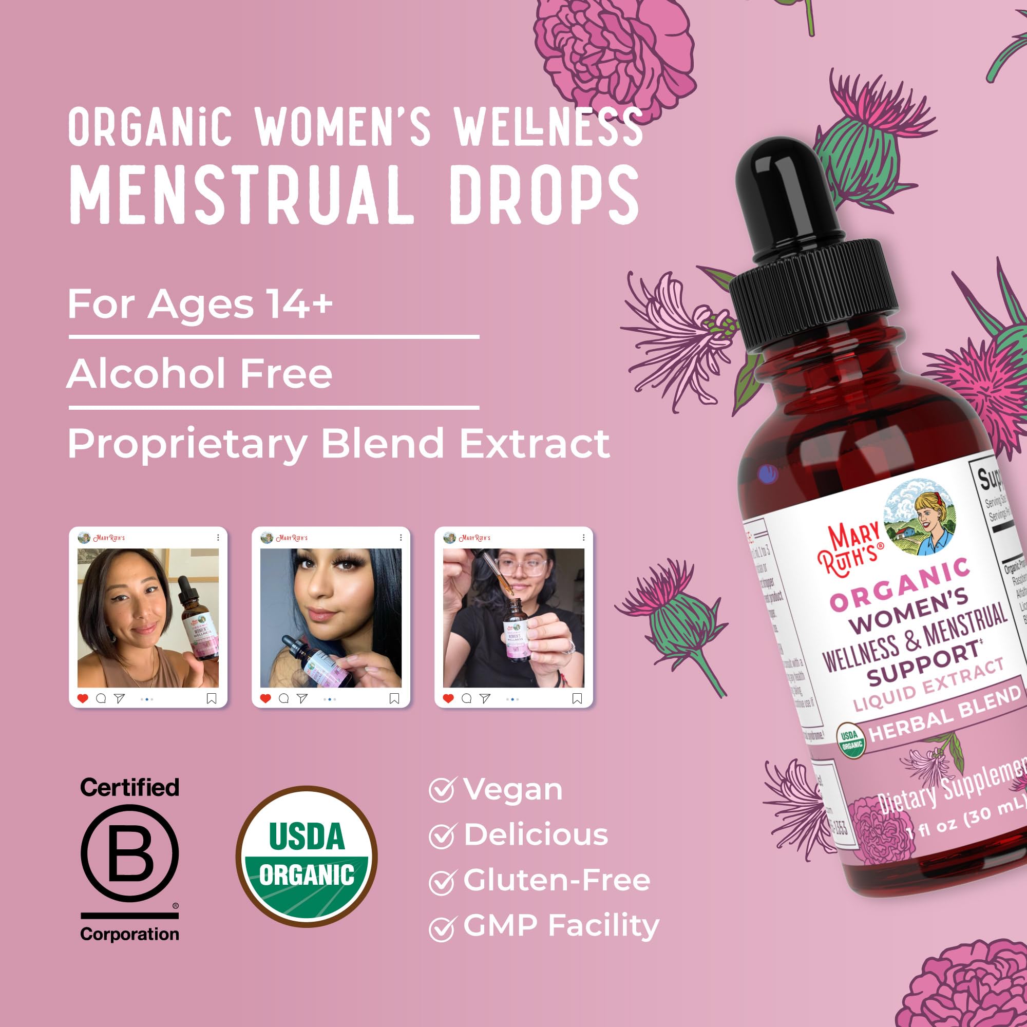MaryRuth Organics USDA Organic Women's Wellness Liquid Herbal Supplements | Includes Stinging Nettle, Raspberry Leaf, Eleuthero Root, Chaste Tree Berry | Menstrual Support | Non-GMO, Vegan MARYRUTH'S buy supplements canada