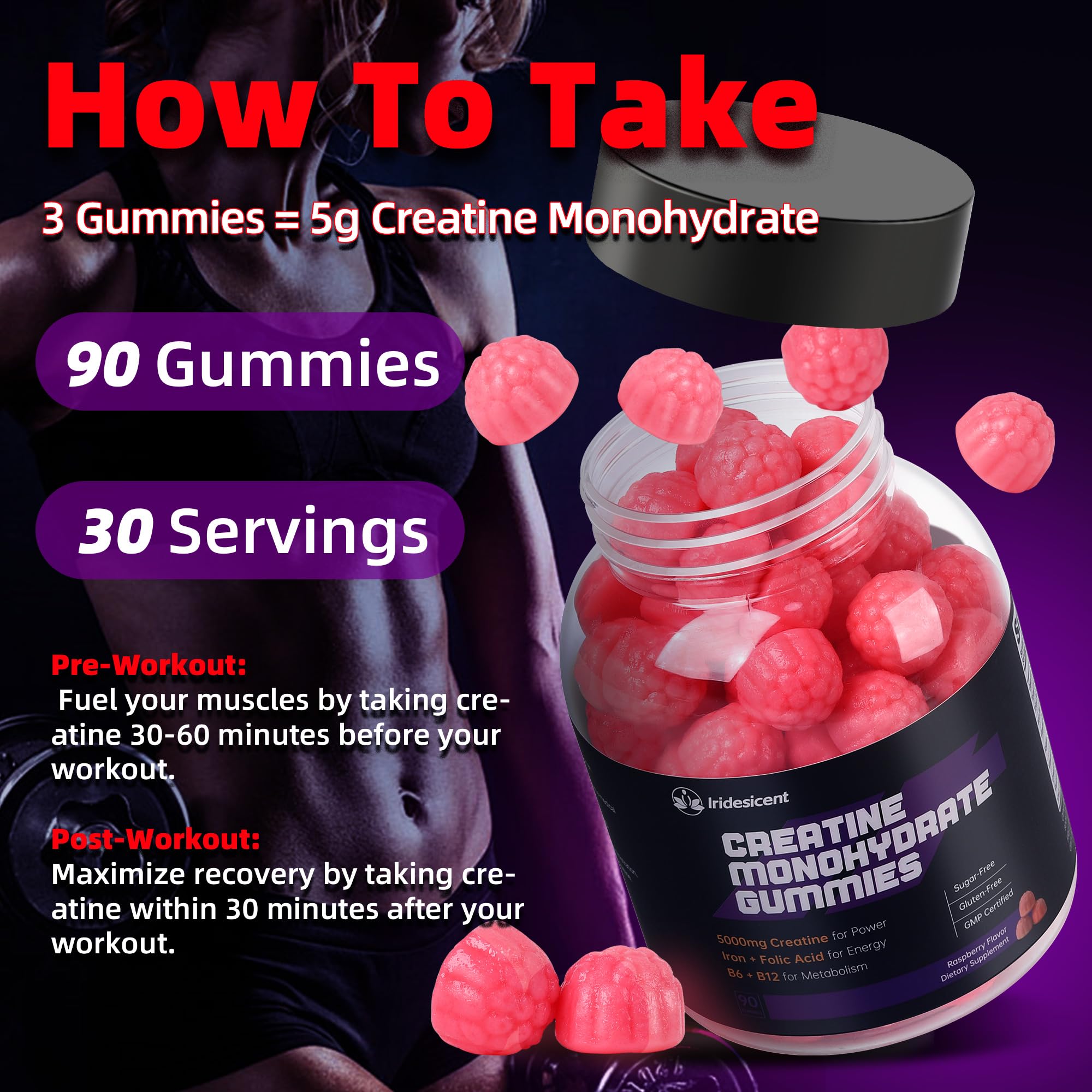 IRIDESICENT Creatine Monohydrate Gummies 5000mg w/Iron, Vitamin B6 & B12, Sugar Free 5g Creatine Supplements for Women and Men Boost Energy & Muscle Recovery - 90 Raspberry Gummies IRIDESICENT buy supplements canada