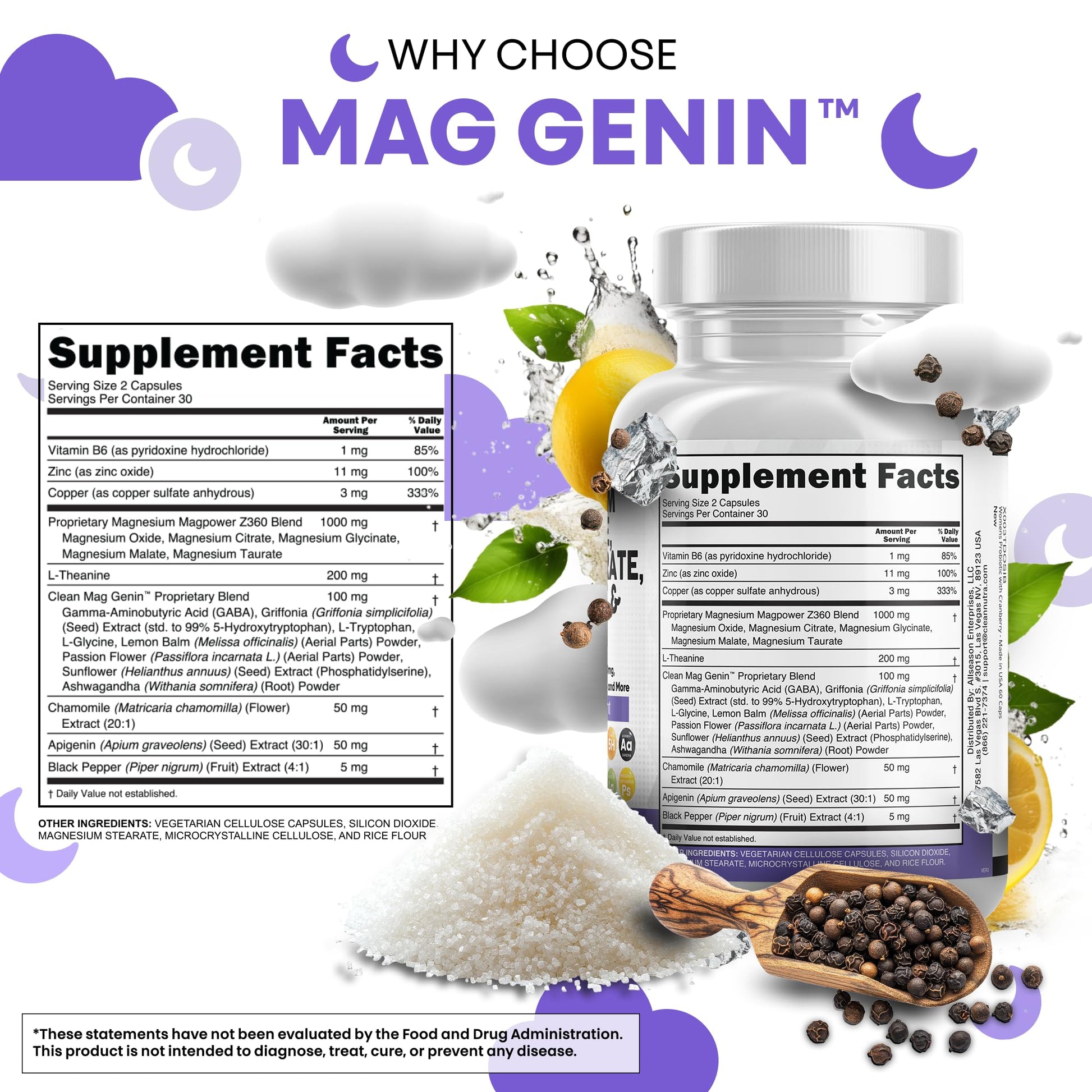 Clean Nutraceuticals Magnesium Glycinate Complex 1000mg with L-Theanine 200mg Apigenin 50mg Citrate Taurate Supplement - 5-HTP GABA Passion Flower Lemon Balm L-Glycine Phosphatidylserine - 60 Count Clean Nutraceuticals buy supplements canada