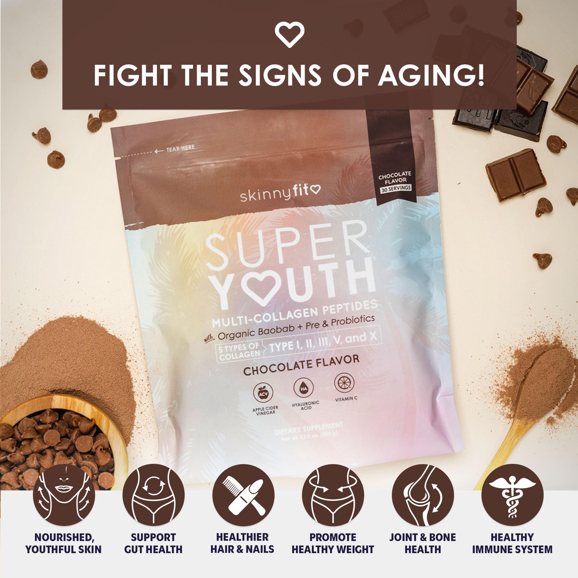 SkinnyFit Super Youth Chocolate Multi-Collagen Peptides + Probiotics, Baobab Fiber SkinnyFit buy supplements canada